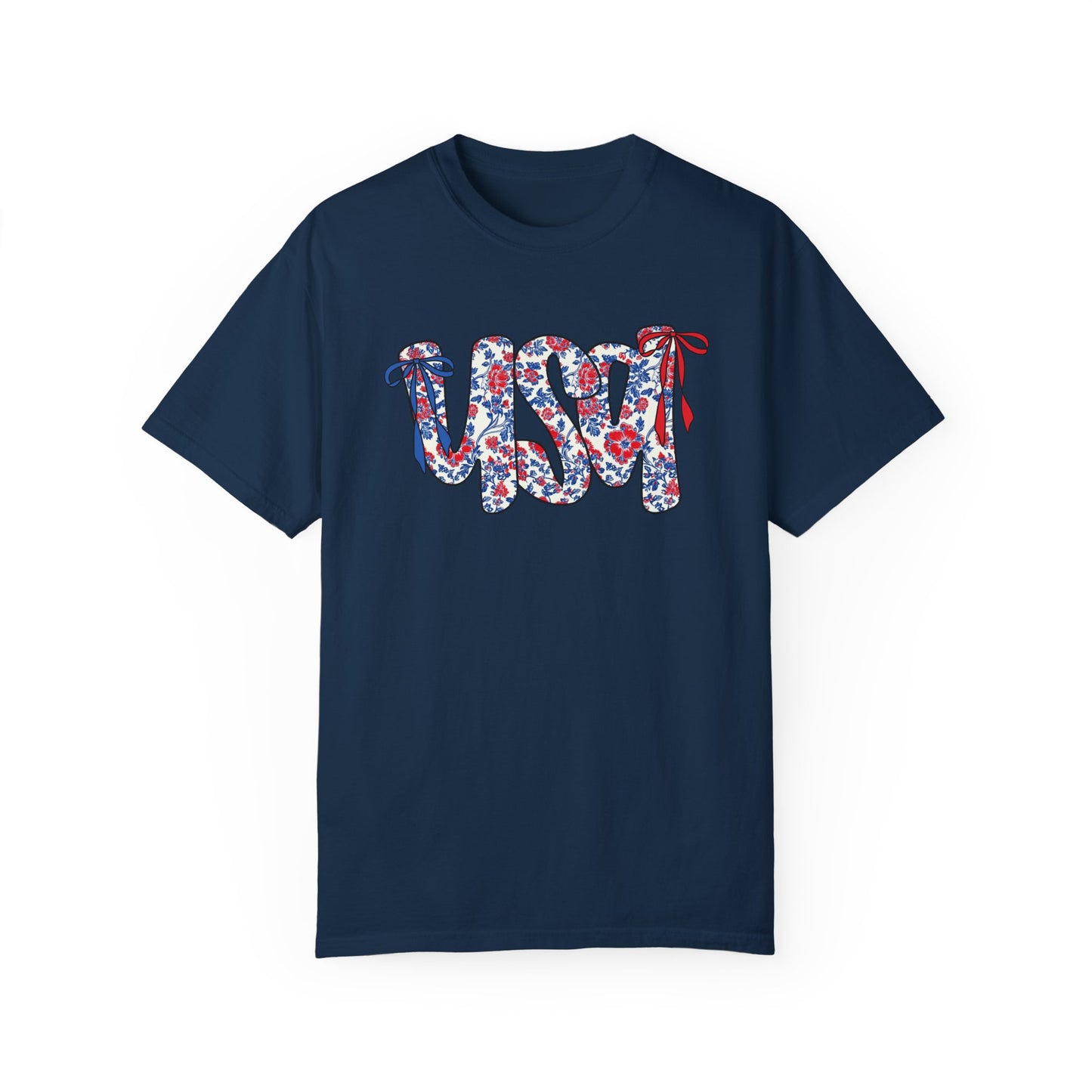 USA Coquette Retro Floral Script Unisex T-Shirt - Perfect for Patriotic Celebrations