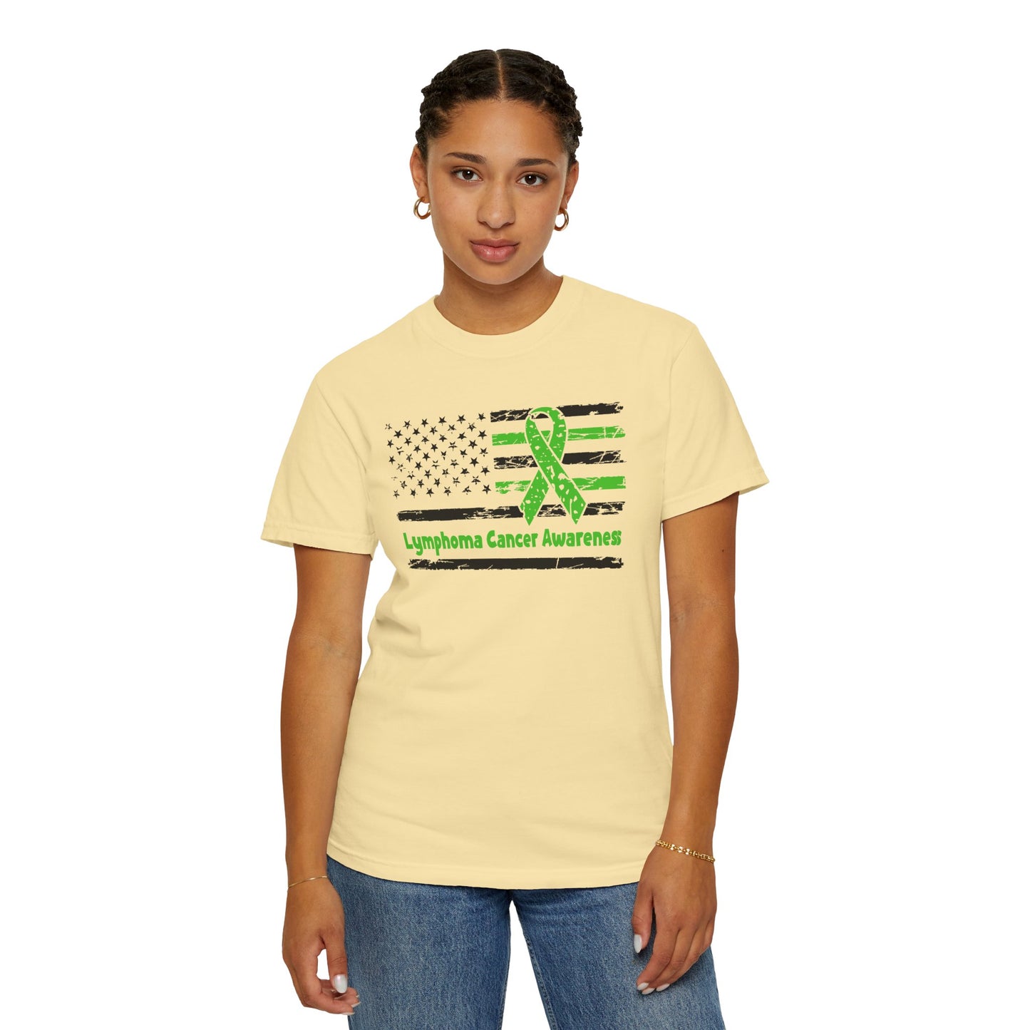 Lymphoma Awareness T-Shirt, Unisex Garment-Dyed Tee, Cancer Support Shirt, Green Ribbon Tee, Gift for Awareness Events