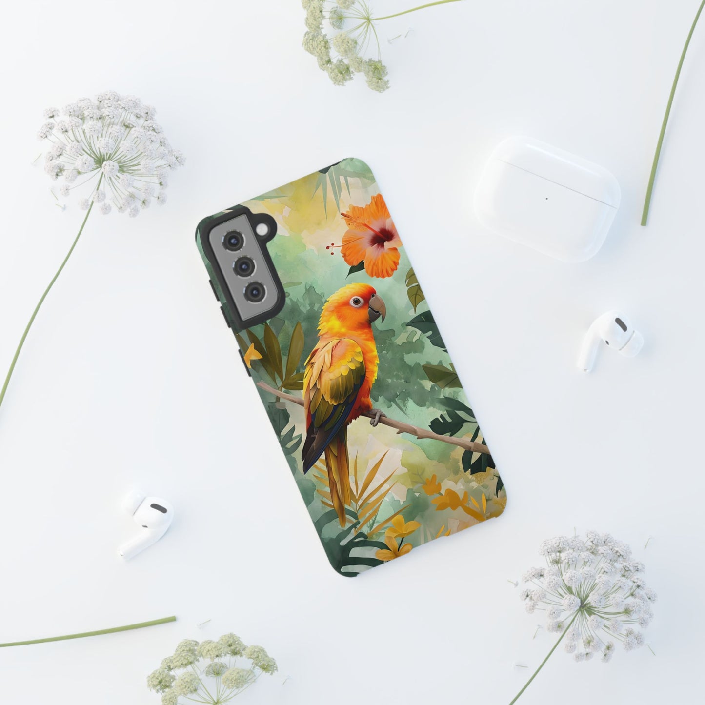 Tough Cases - Sun Conure Tropical Parrot Phone Case, Vibrant Floral Design, Durable Protection for Nature Lovers