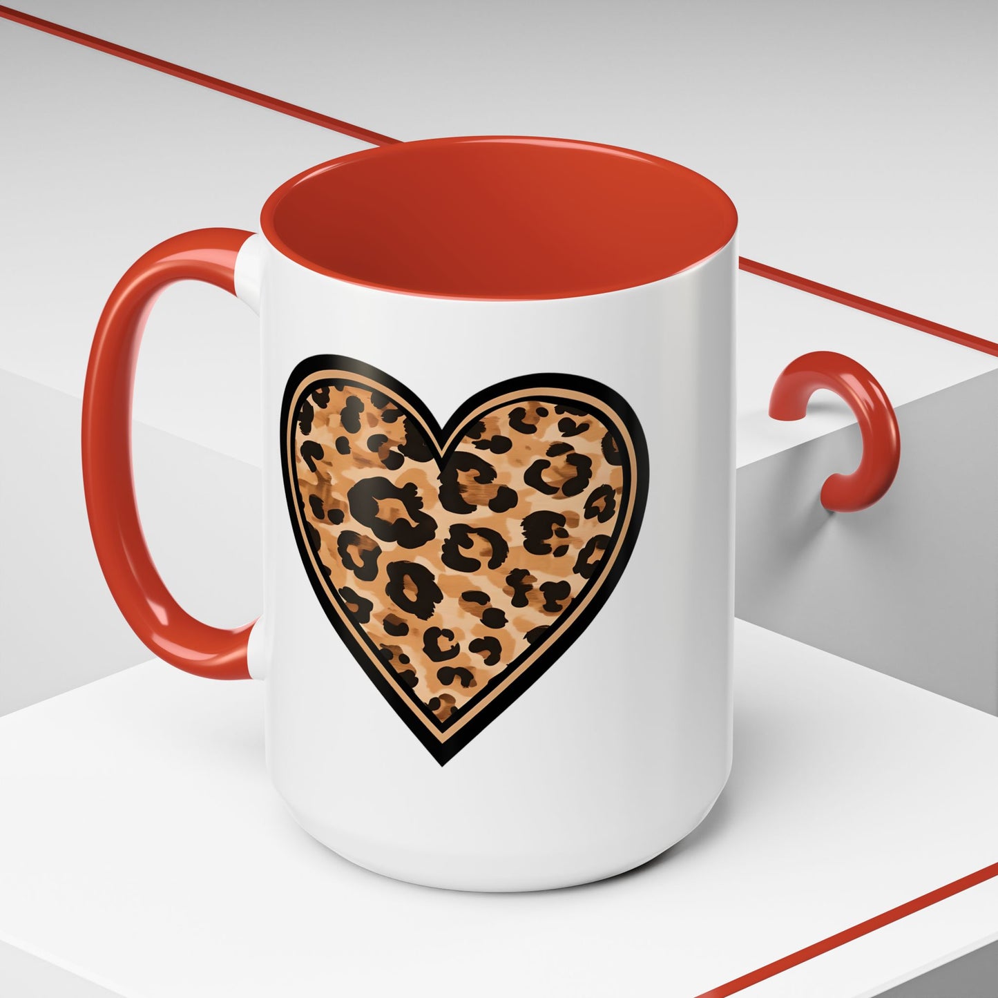 Leopard Heart Accent Coffee 15 oz Mug - Stylish Animal Print Mug for Daily Inspiration