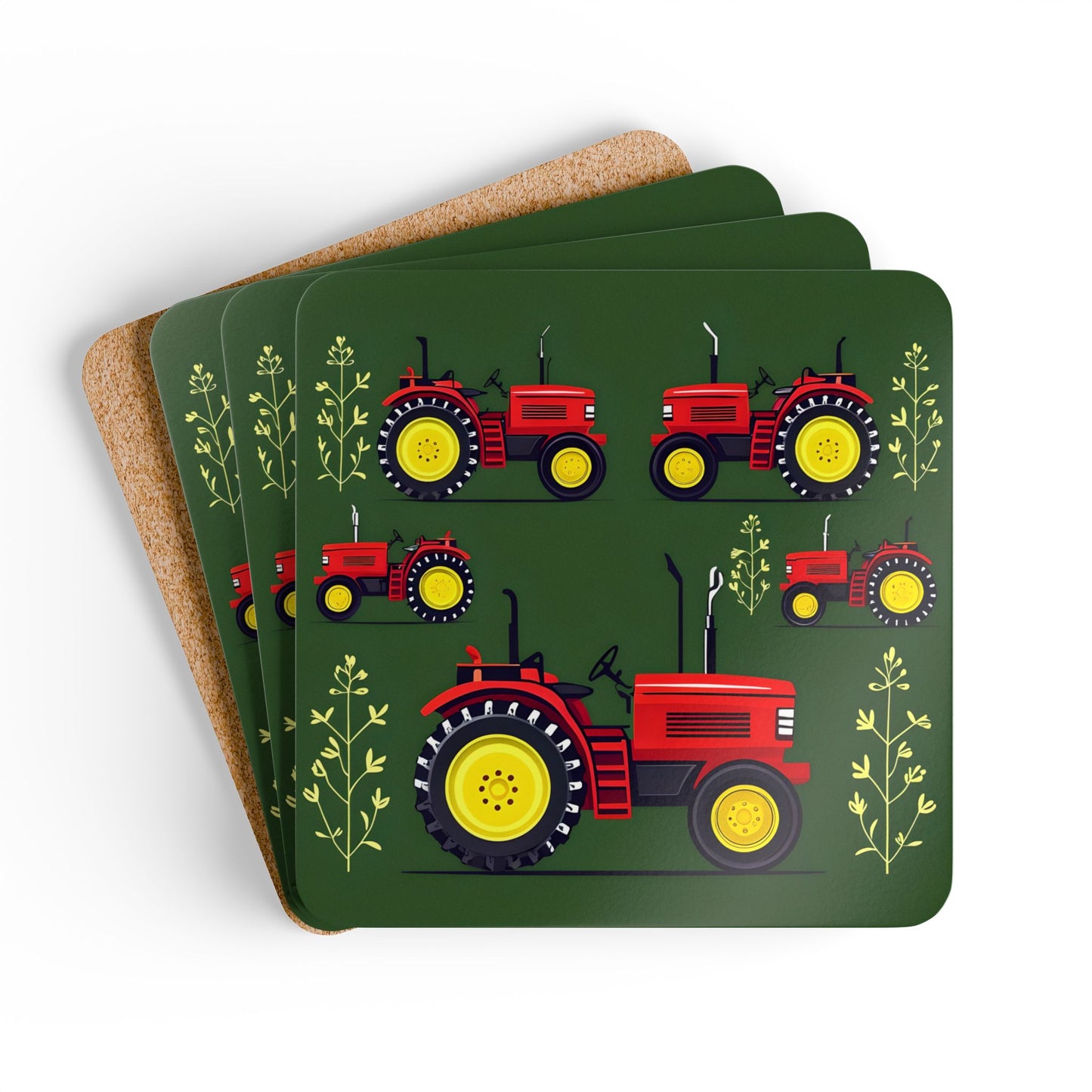 Farmhouse Tractor Corkwood Coaster Set - Rustic Home Decor