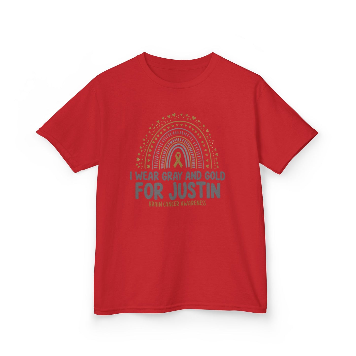 JUSTIN KIDS UNISEX TSHIRT- Kids Brain Cancer Awareness Tee - I Wear Gray and Gold for Justin