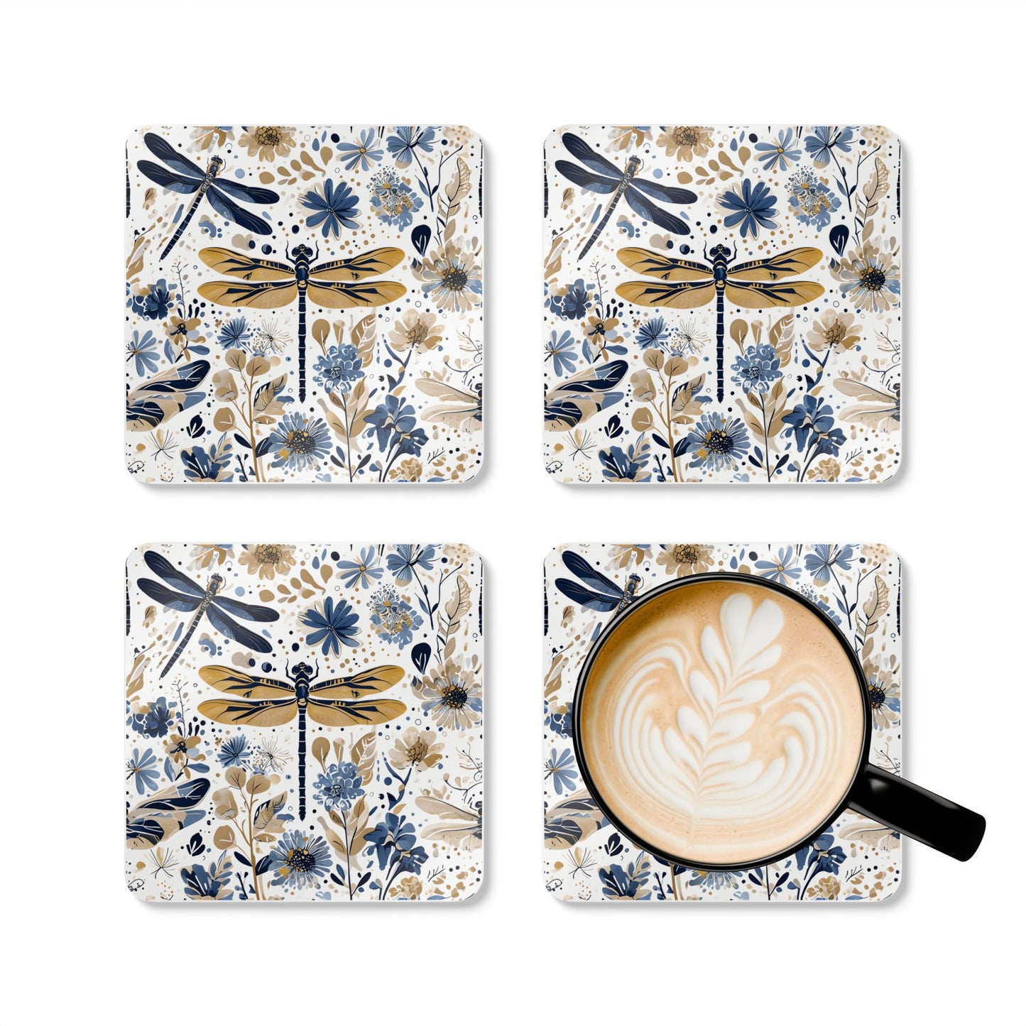 Floral Dragonfly Cork Coaster Set - Eco-Friendly Drink Coasters for Home Decor