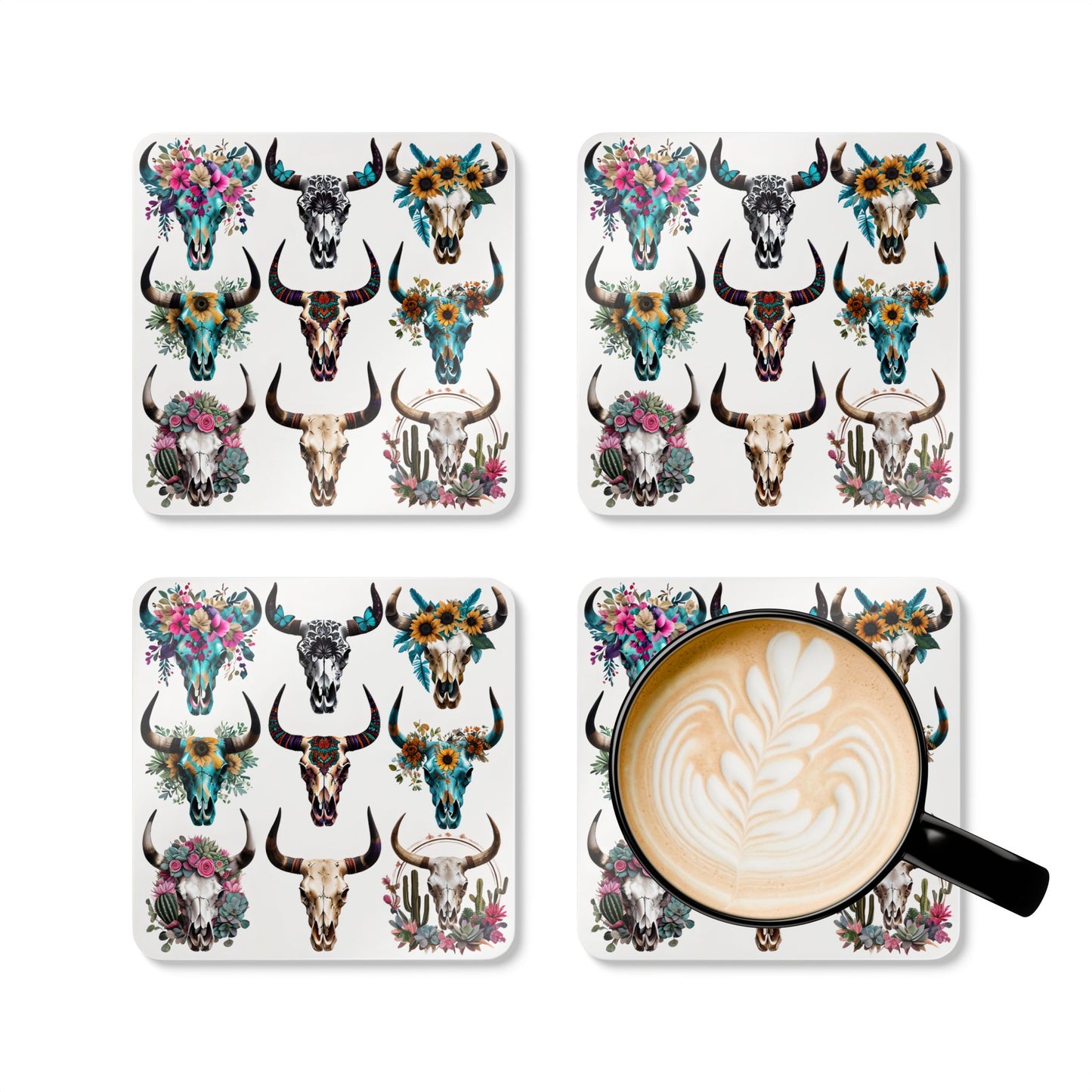 Rustic Floral Skull Coaster Set - 9 Unique Corkwood Designs