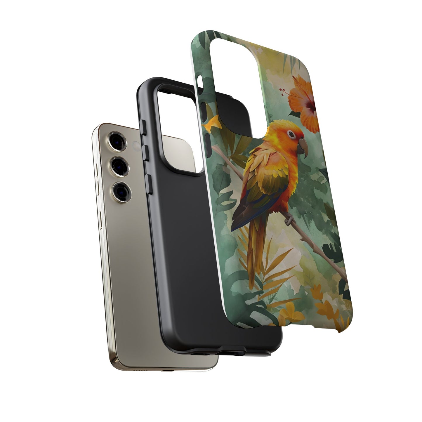Tough Cases - Sun Conure Tropical Parrot Phone Case, Vibrant Floral Design, Durable Protection for Nature Lovers