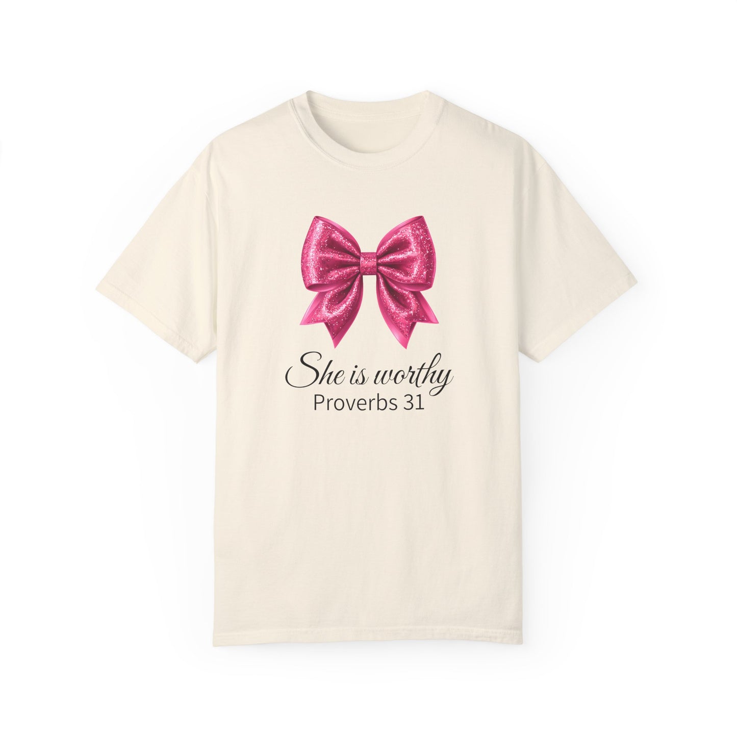 She Is Worthy Coquette Glitter Pink Bow Unisex T-Shirt - Glitter Bow Design