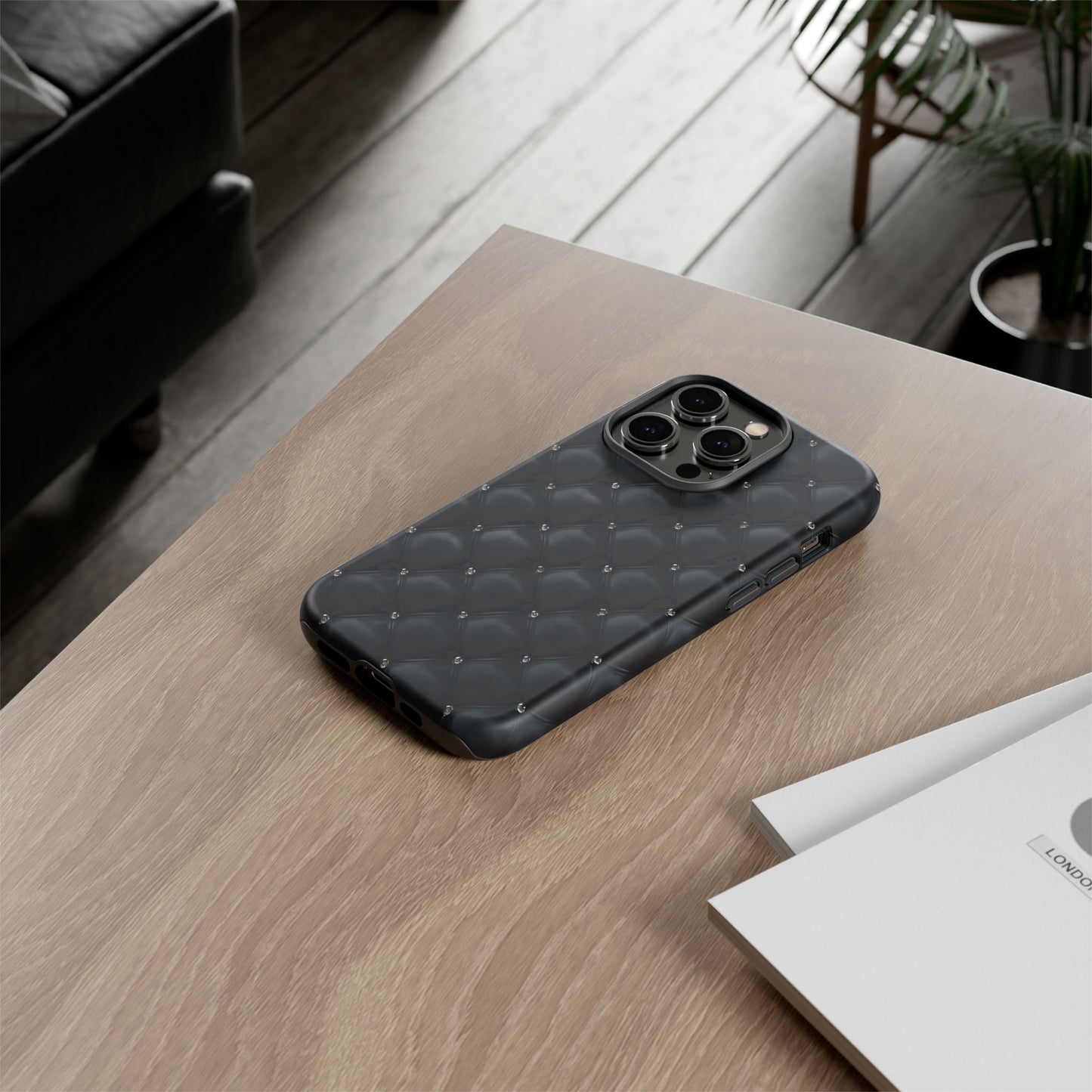 Stylish Tough Phone Case - Elegant Black Quilted Design