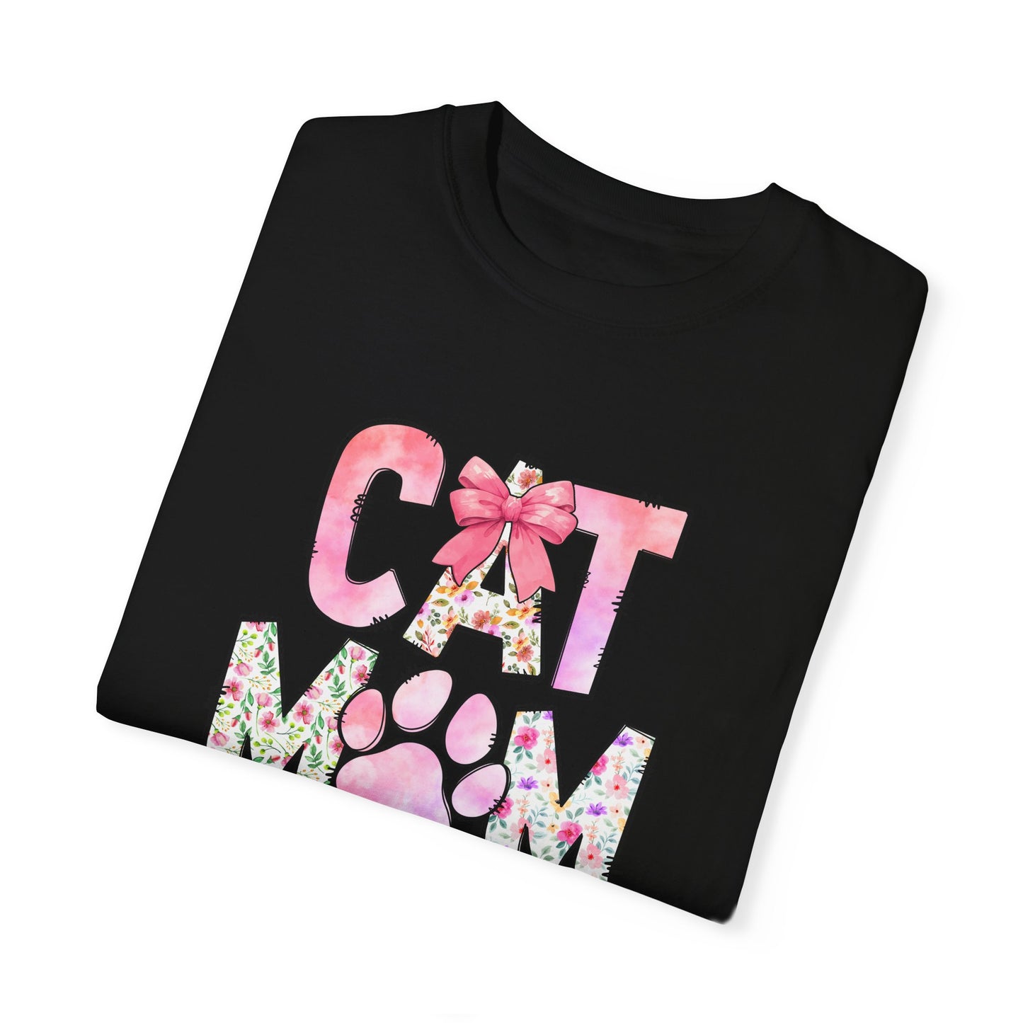 Cat Mom Garment-Dyed T-Shirt | Cute Floral Design for Cat Lovers