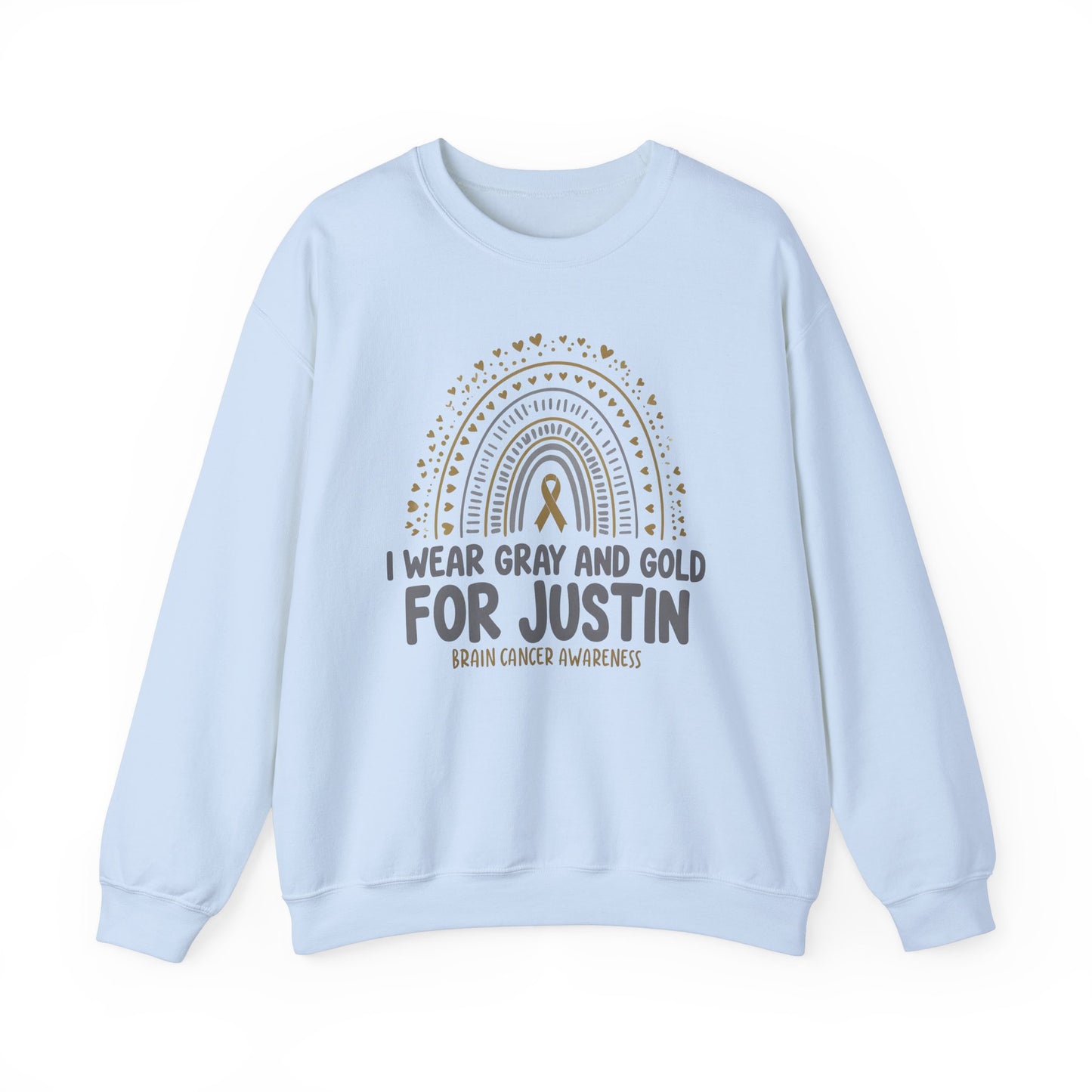 ADULT SWEATSHIRT JUSTIN Brain Cancer Awareness Crewneck Sweatshirt - I Wear Gray and Gold for Justin