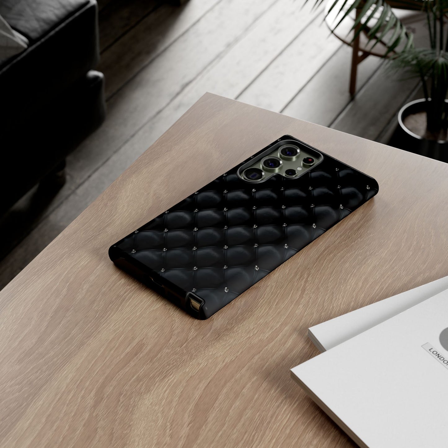 Stylish Tough Phone Case - Elegant Black Quilted Design