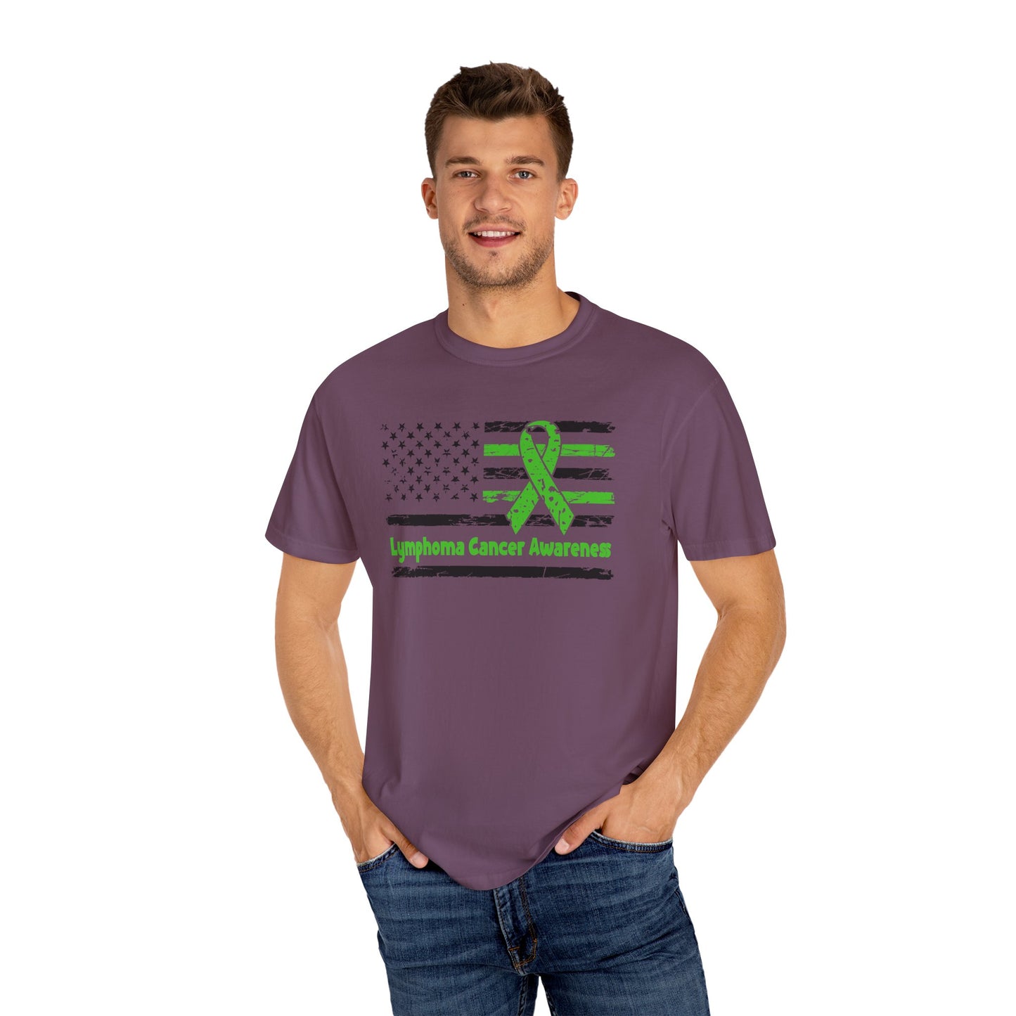 Lymphoma Awareness T-Shirt, Unisex Garment-Dyed Tee, Cancer Support Shirt, Green Ribbon Tee, Gift for Awareness Events