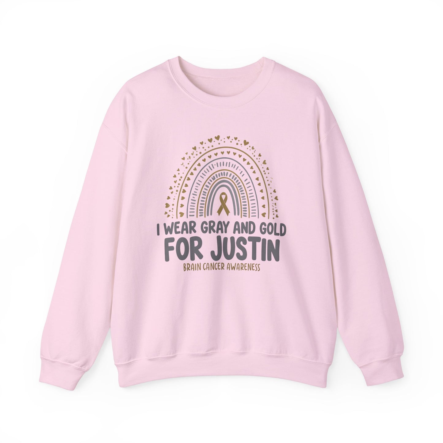 ADULT SWEATSHIRT JUSTIN Brain Cancer Awareness Crewneck Sweatshirt - I Wear Gray and Gold for Justin