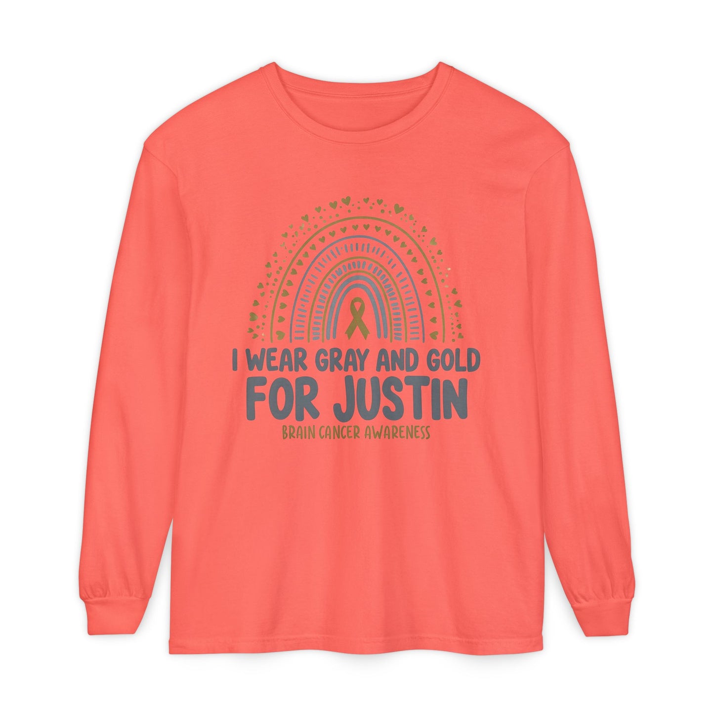 JUSTIN ADULT LONG SLEEVE- Brain Cancer Awareness Long Sleeve T-Shirt - I Wear Gray and Gold for Justin