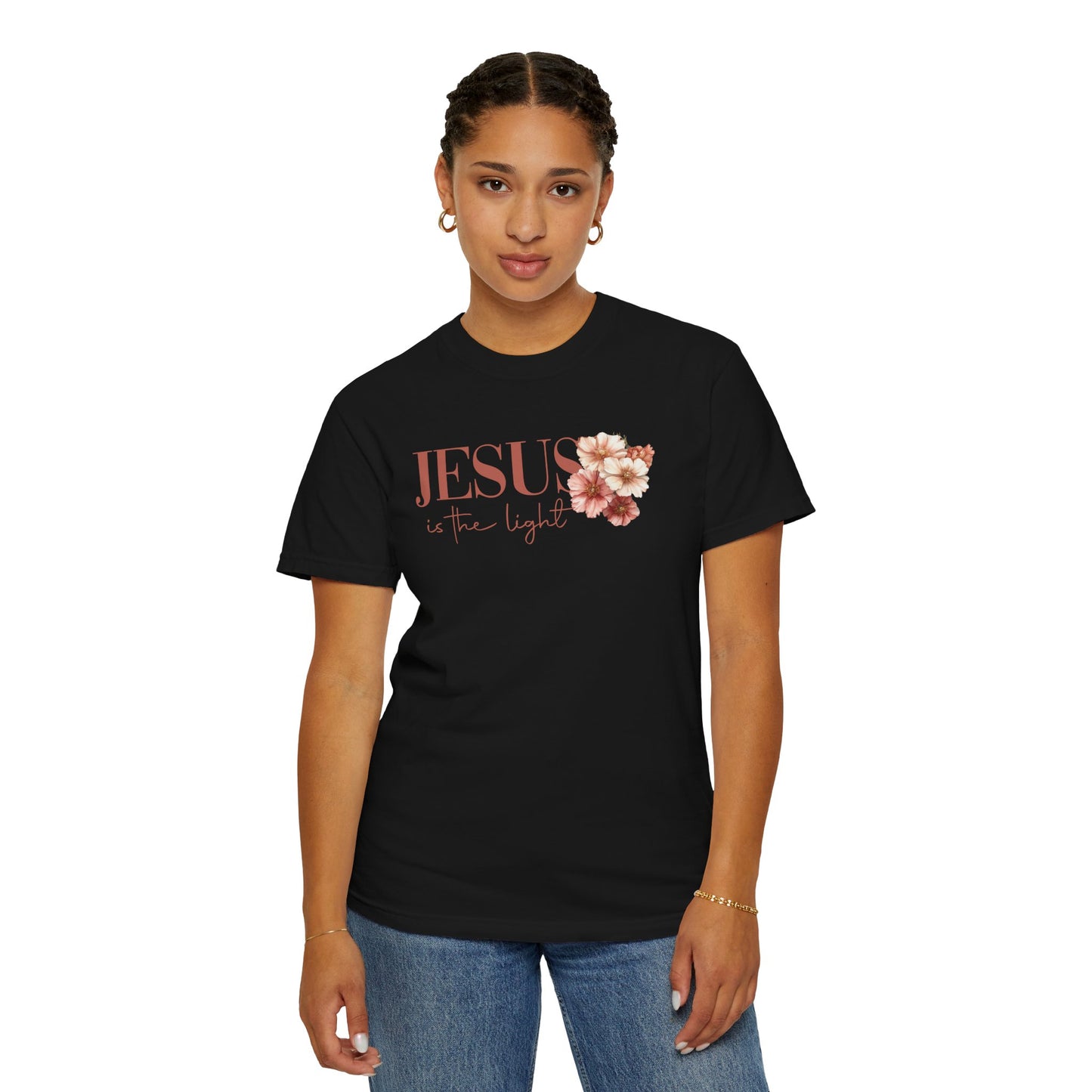 Inspirational Flower Cross T-shirt - Jesus is the Light Design