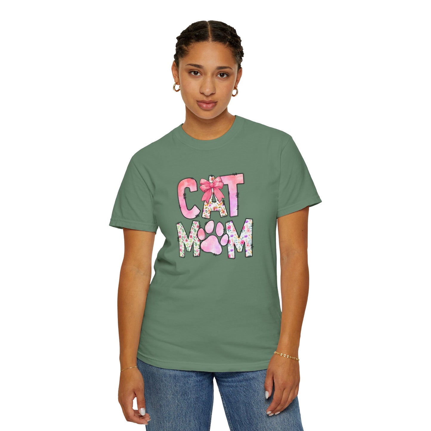 Cat Mom Garment-Dyed T-Shirt | Cute Floral Design for Cat Lovers