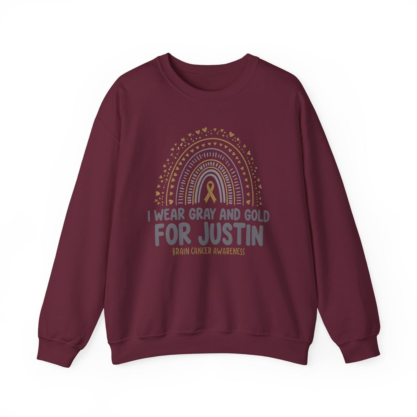 ADULT SWEATSHIRT JUSTIN Brain Cancer Awareness Crewneck Sweatshirt - I Wear Gray and Gold for Justin