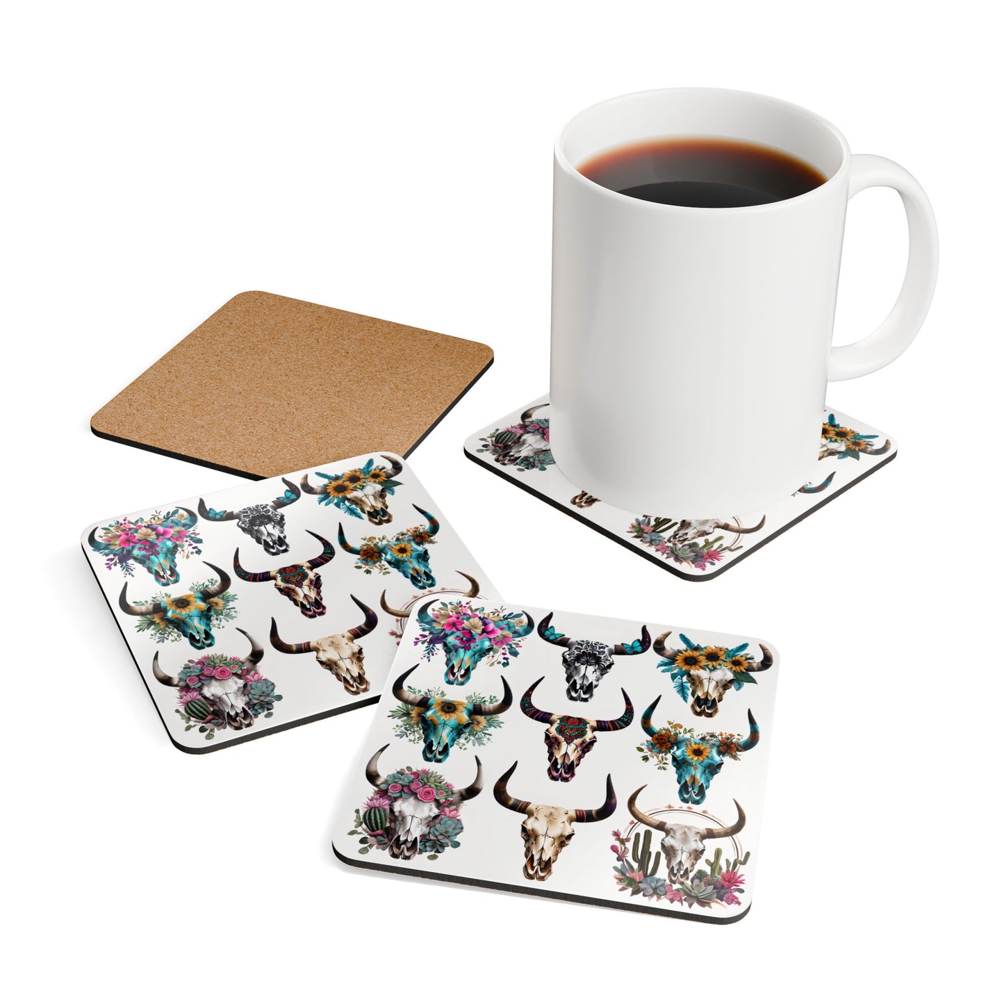 Rustic Floral Skull Coaster Set - 9 Unique Corkwood Designs