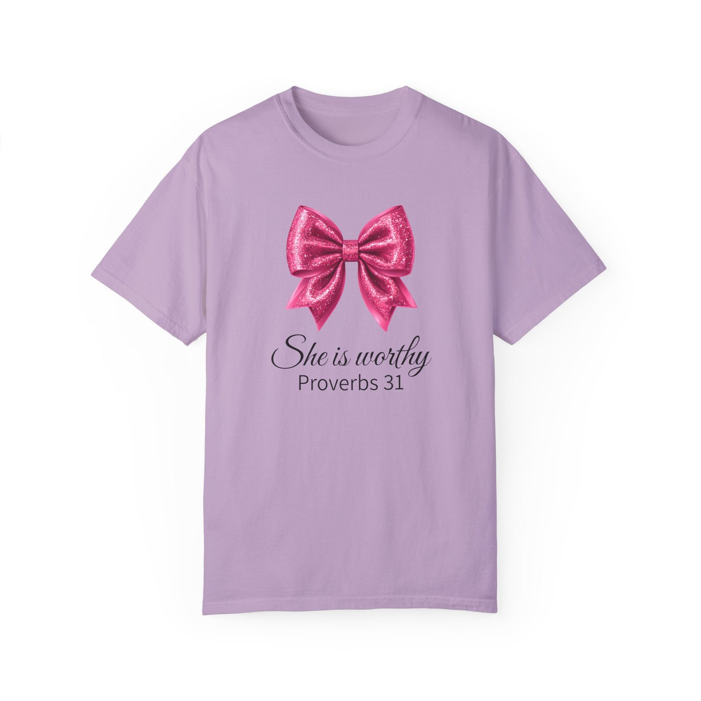 She Is Worthy Coquette Glitter Pink Bow Unisex T-Shirt - Glitter Bow Design
