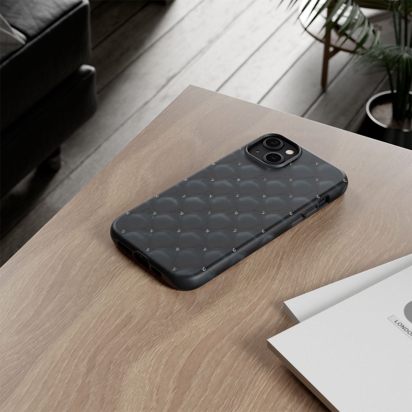 Stylish Tough Phone Case - Elegant Black Quilted Design