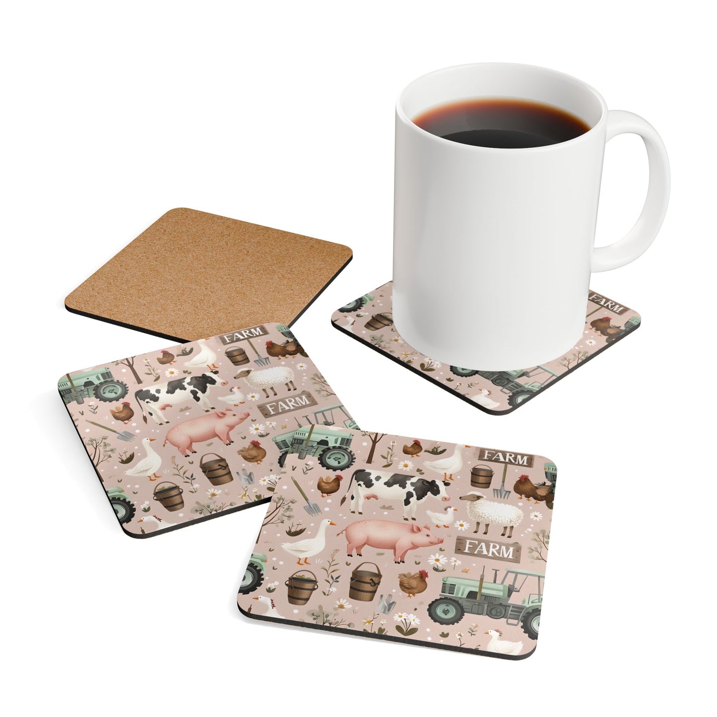 Farm-Themed Cork Coaster Set - Rustic Kitchen Decor