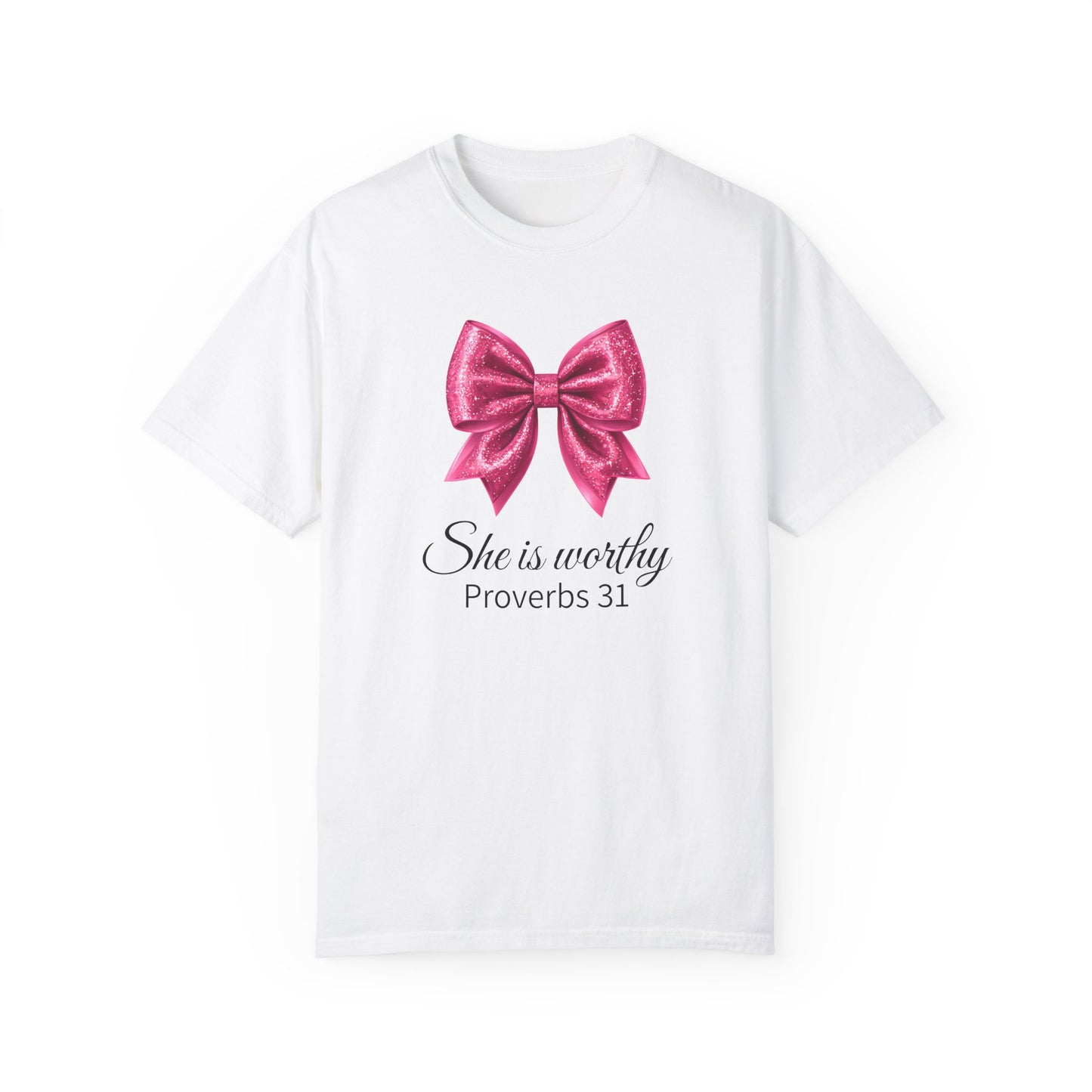 She Is Worthy Coquette Glitter Pink Bow Unisex T-Shirt - Glitter Bow Design