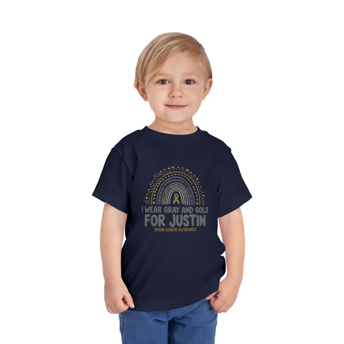 TODDLER JUSTIN Short Sleeve Tee - I Wear Gray and Gold for Justin - Brain Cancer Awareness