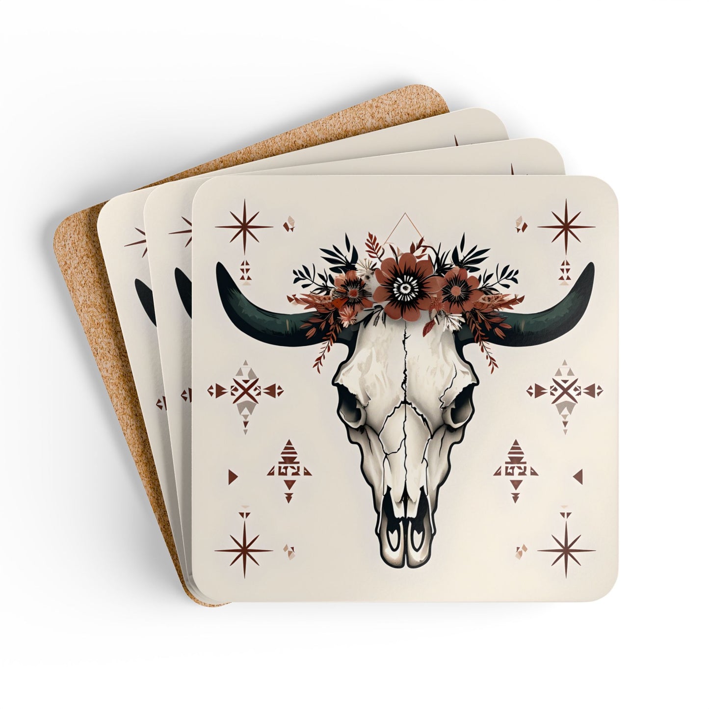 Rustic Floral Skull Coaster Set - Boho Home Decor
