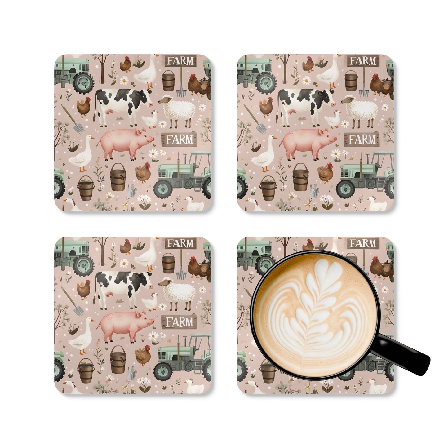 Farm-Themed Cork Coaster Set - Rustic Kitchen Decor