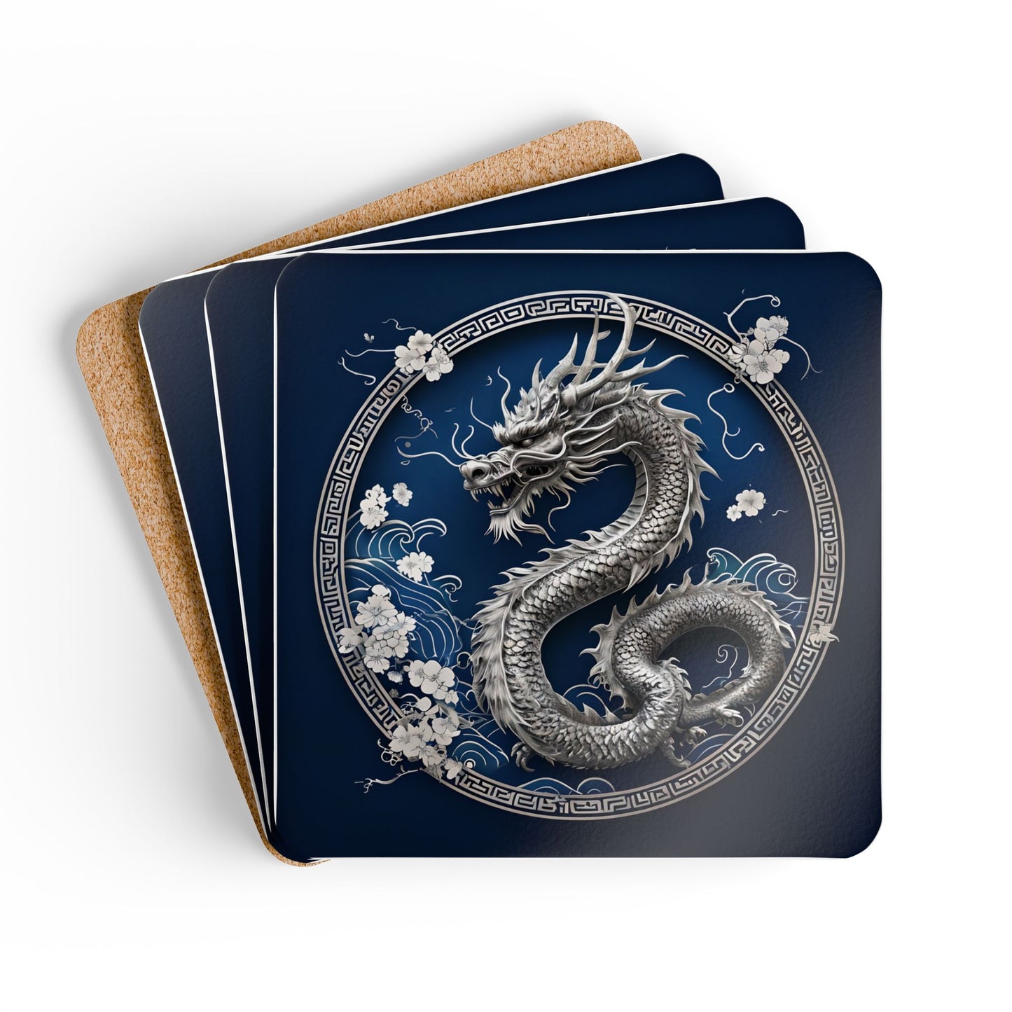 Navy Dragon Corkwood Coaster Set - Elegant Home Décor for Asian-Themed Parties