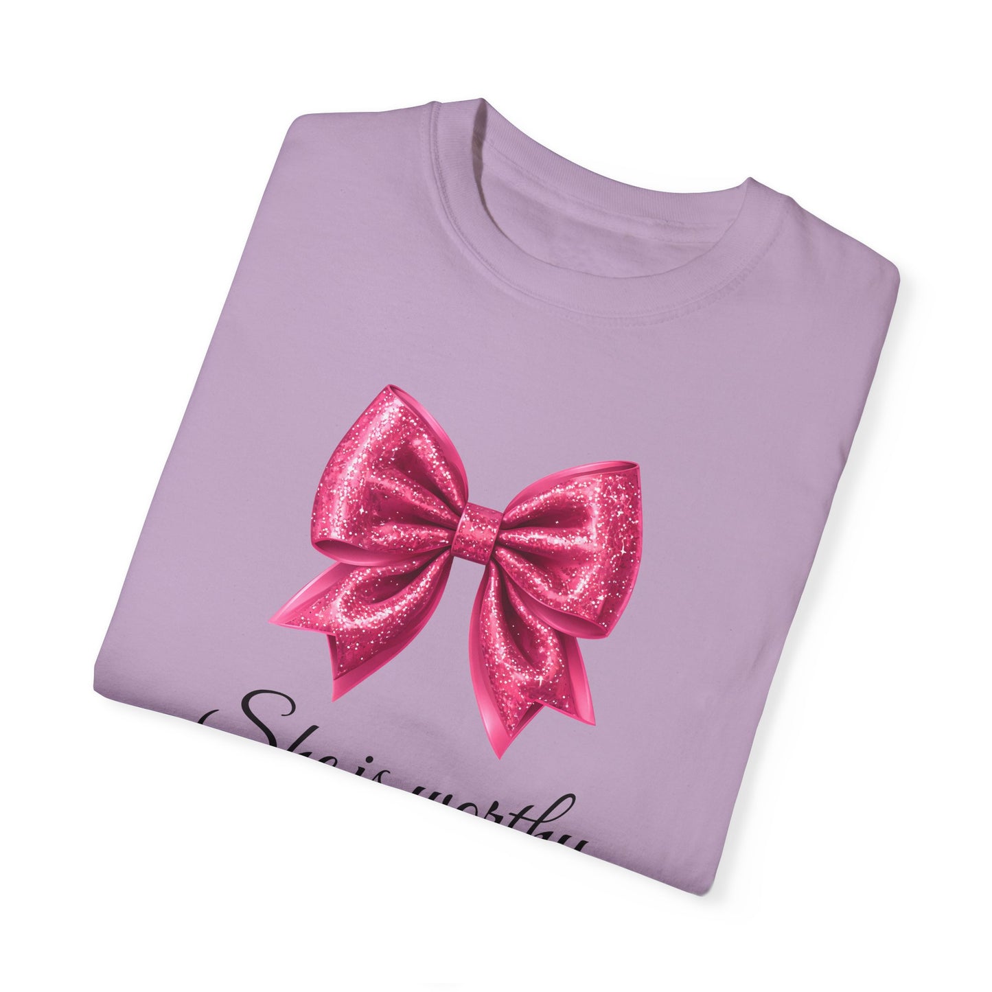 She Is Worthy Coquette Glitter Pink Bow Unisex T-Shirt - Glitter Bow Design