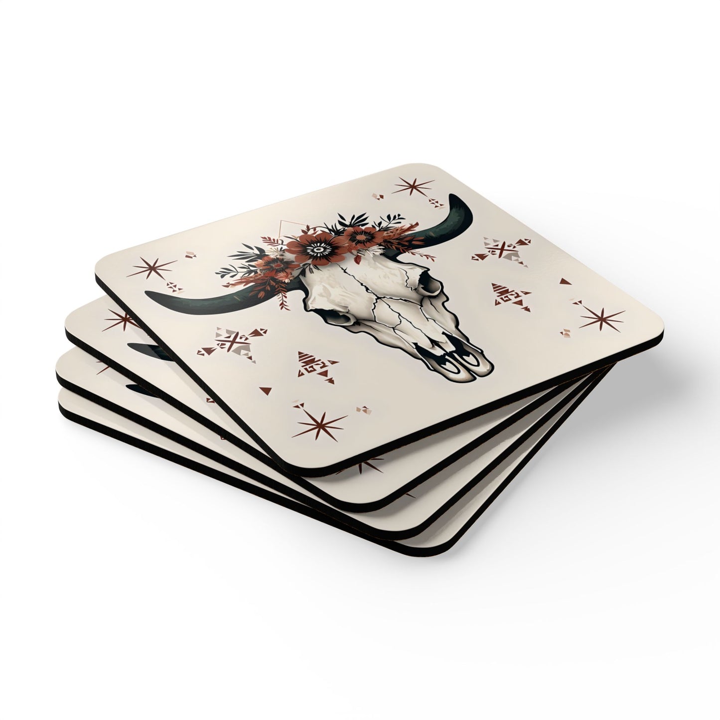 Rustic Floral Skull Coaster Set - Boho Home Decor
