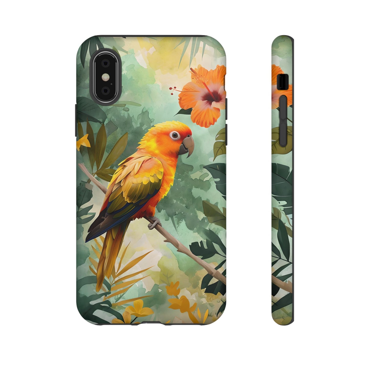 Tough Cases - Sun Conure Tropical Parrot Phone Case, Vibrant Floral Design, Durable Protection for Nature Lovers