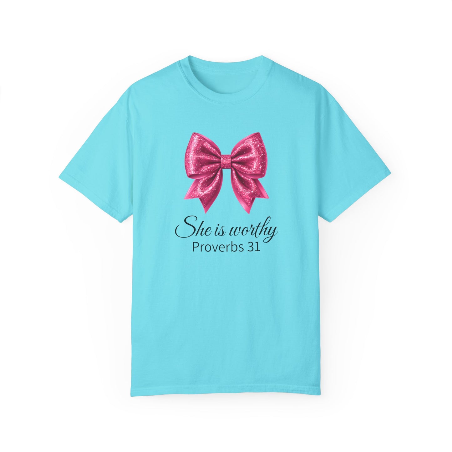 She Is Worthy Coquette Glitter Pink Bow Unisex T-Shirt - Glitter Bow Design