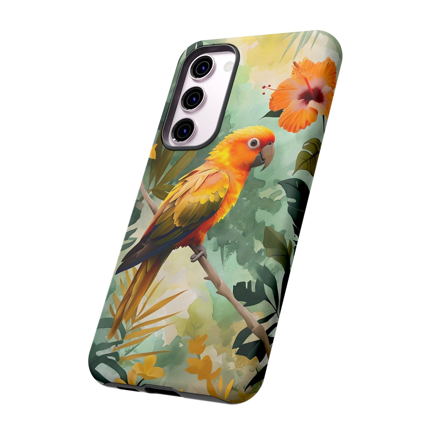 Tough Cases - Sun Conure Tropical Parrot Phone Case, Vibrant Floral Design, Durable Protection for Nature Lovers