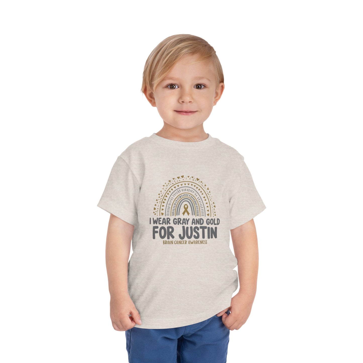 TODDLER JUSTIN Short Sleeve Tee - I Wear Gray and Gold for Justin - Brain Cancer Awareness