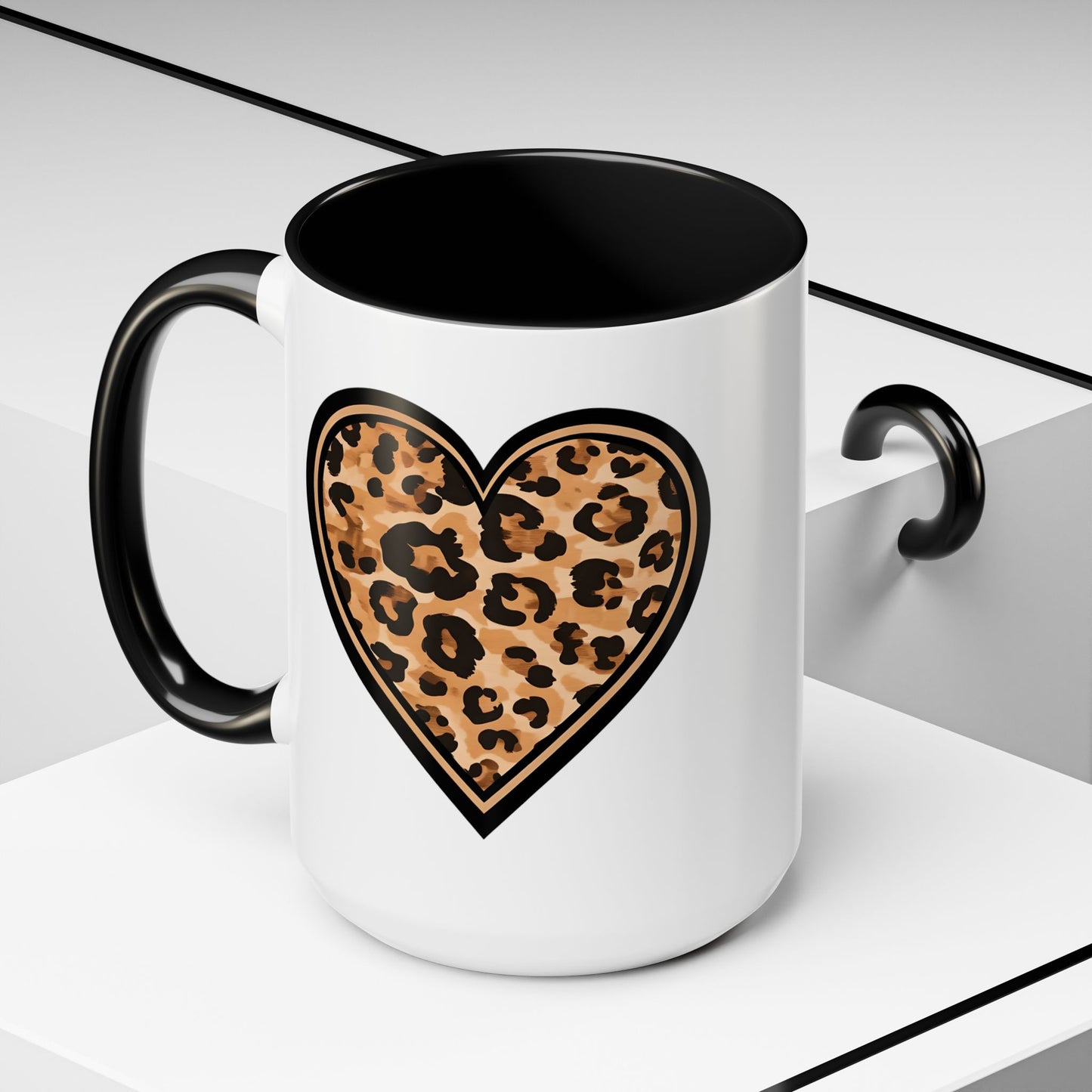 Leopard Heart Accent Coffee 15 oz Mug - Stylish Animal Print Mug for Daily Inspiration