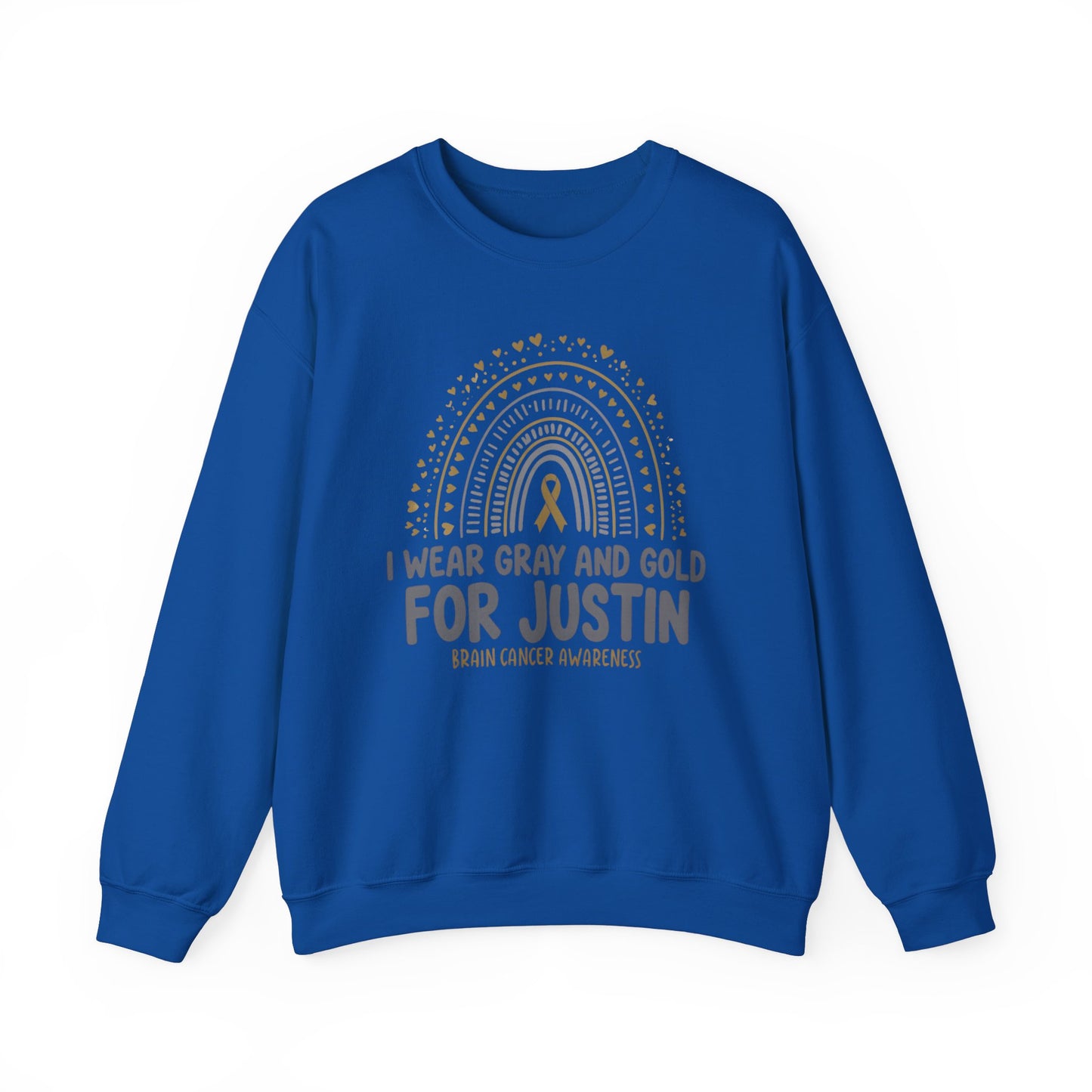 ADULT SWEATSHIRT JUSTIN Brain Cancer Awareness Crewneck Sweatshirt - I Wear Gray and Gold for Justin