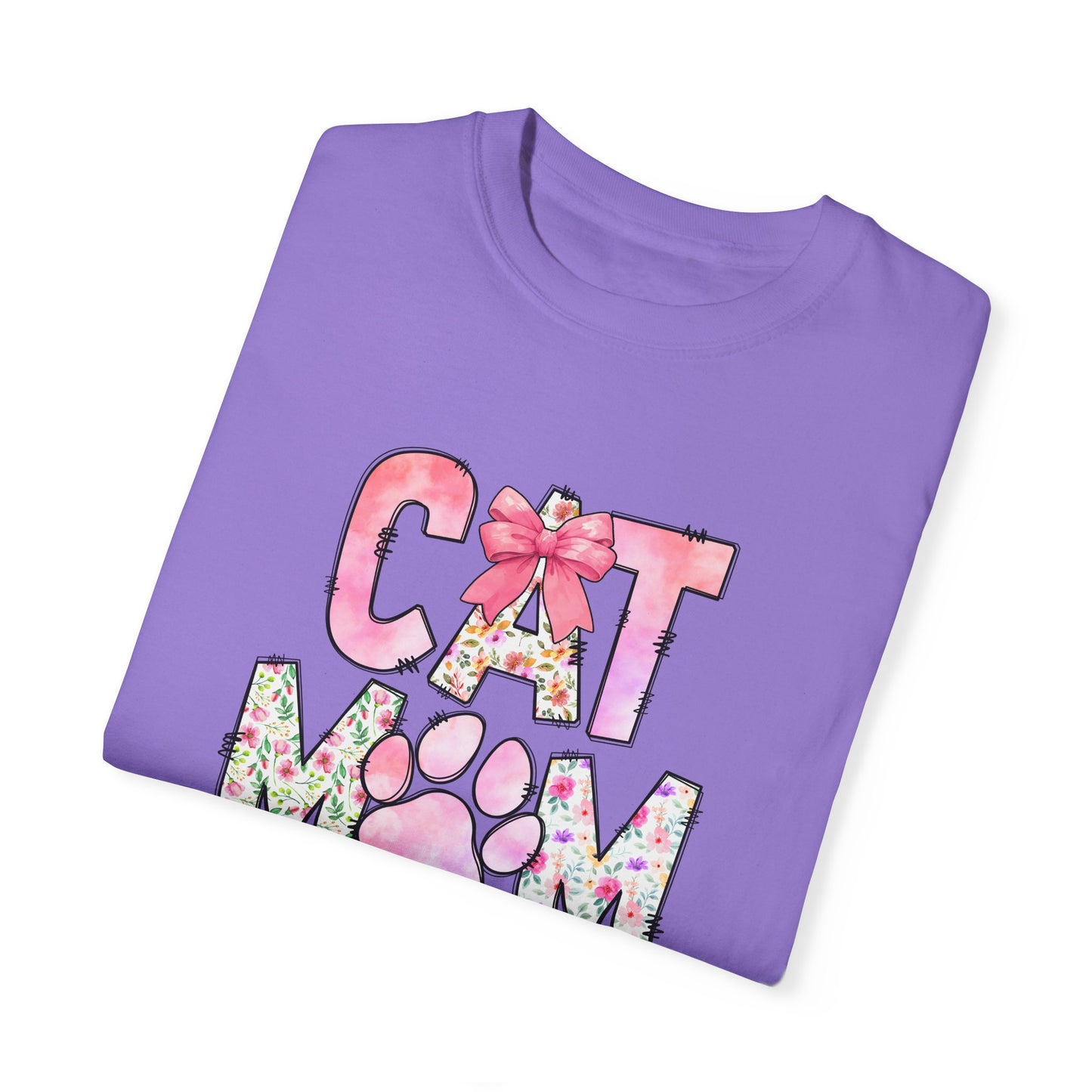 Cat Mom Garment-Dyed T-Shirt | Cute Floral Design for Cat Lovers