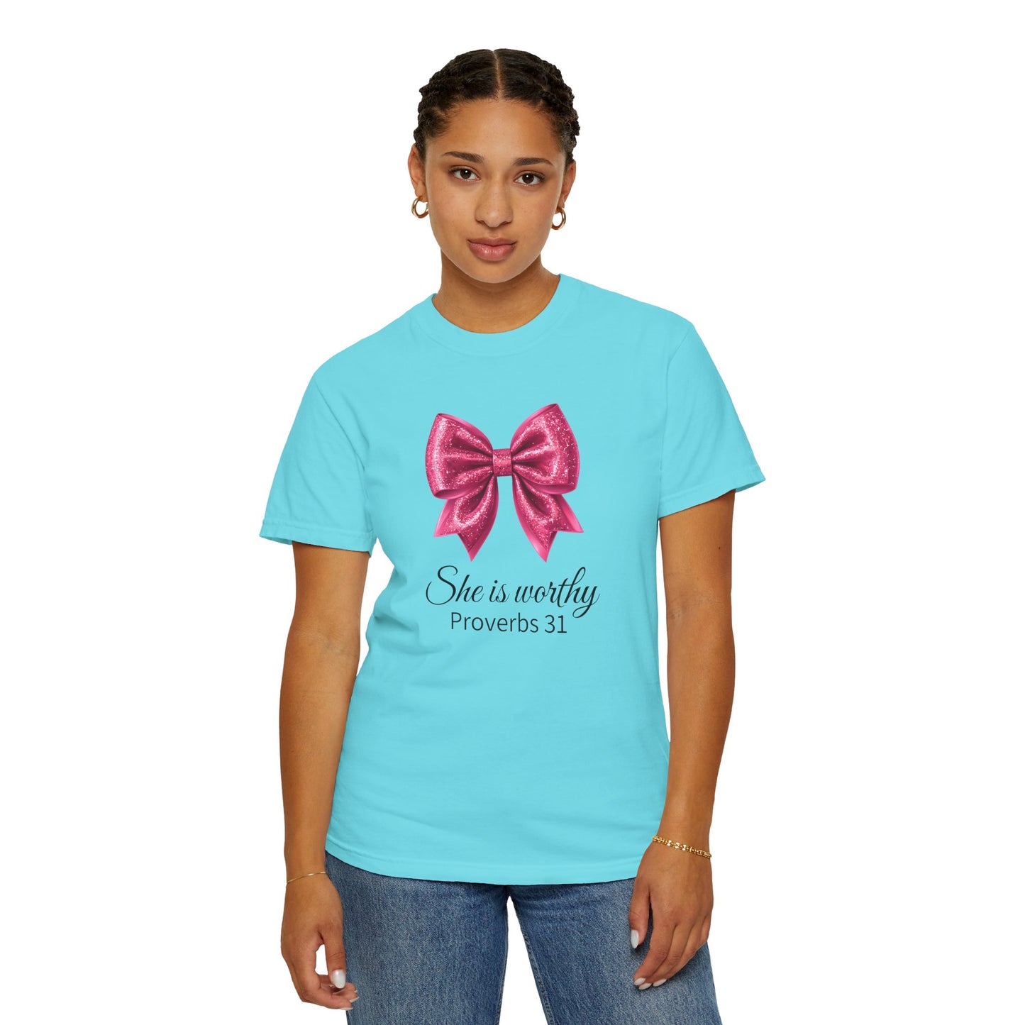 She Is Worthy Coquette Glitter Pink Bow Unisex T-Shirt - Glitter Bow Design