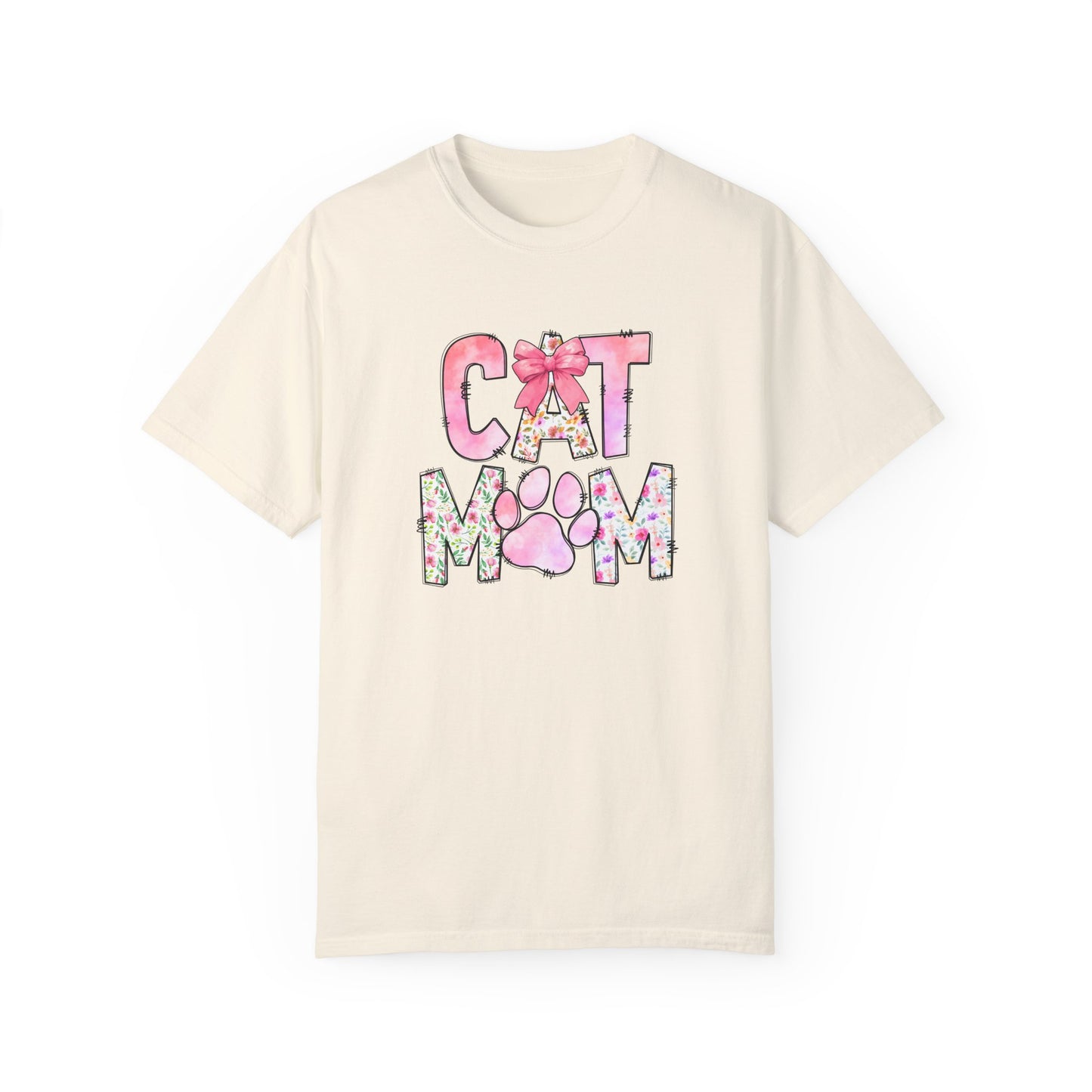 Cat Mom Garment-Dyed T-Shirt | Cute Floral Design for Cat Lovers