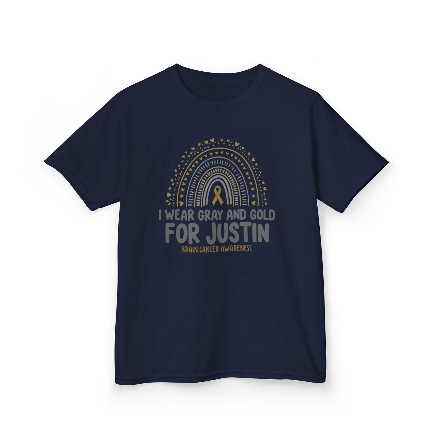 JUSTIN KIDS UNISEX TSHIRT- Kids Brain Cancer Awareness Tee - I Wear Gray and Gold for Justin