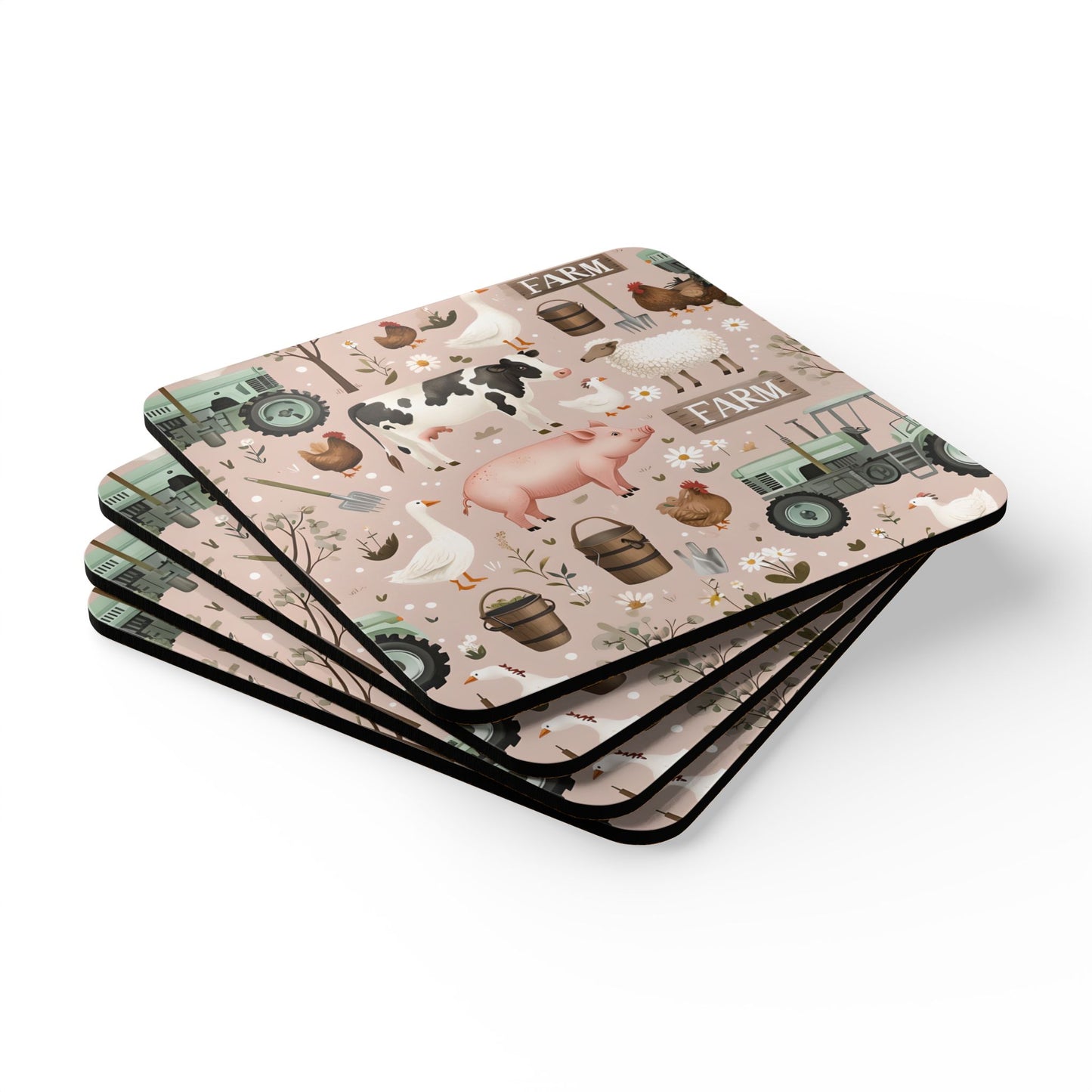 Farm-Themed Cork Coaster Set - Rustic Kitchen Decor