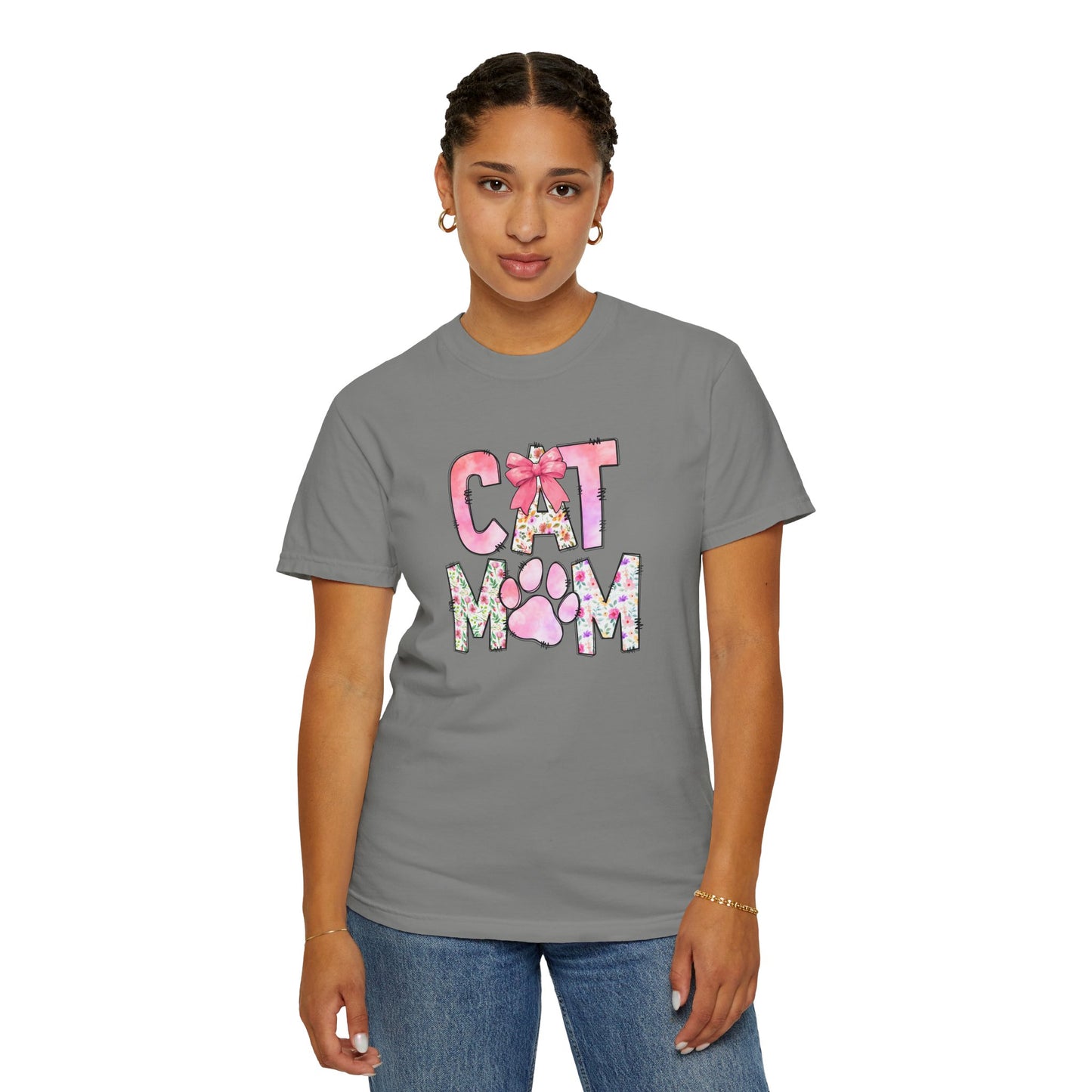 Cat Mom Garment-Dyed T-Shirt | Cute Floral Design for Cat Lovers
