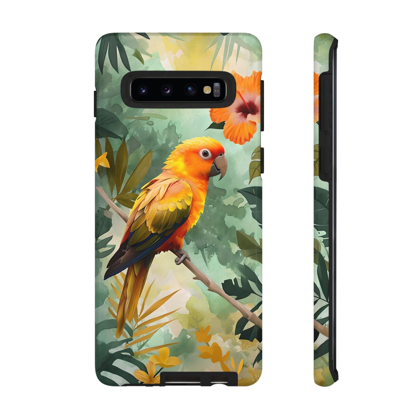 Tough Cases - Sun Conure Tropical Parrot Phone Case, Vibrant Floral Design, Durable Protection for Nature Lovers