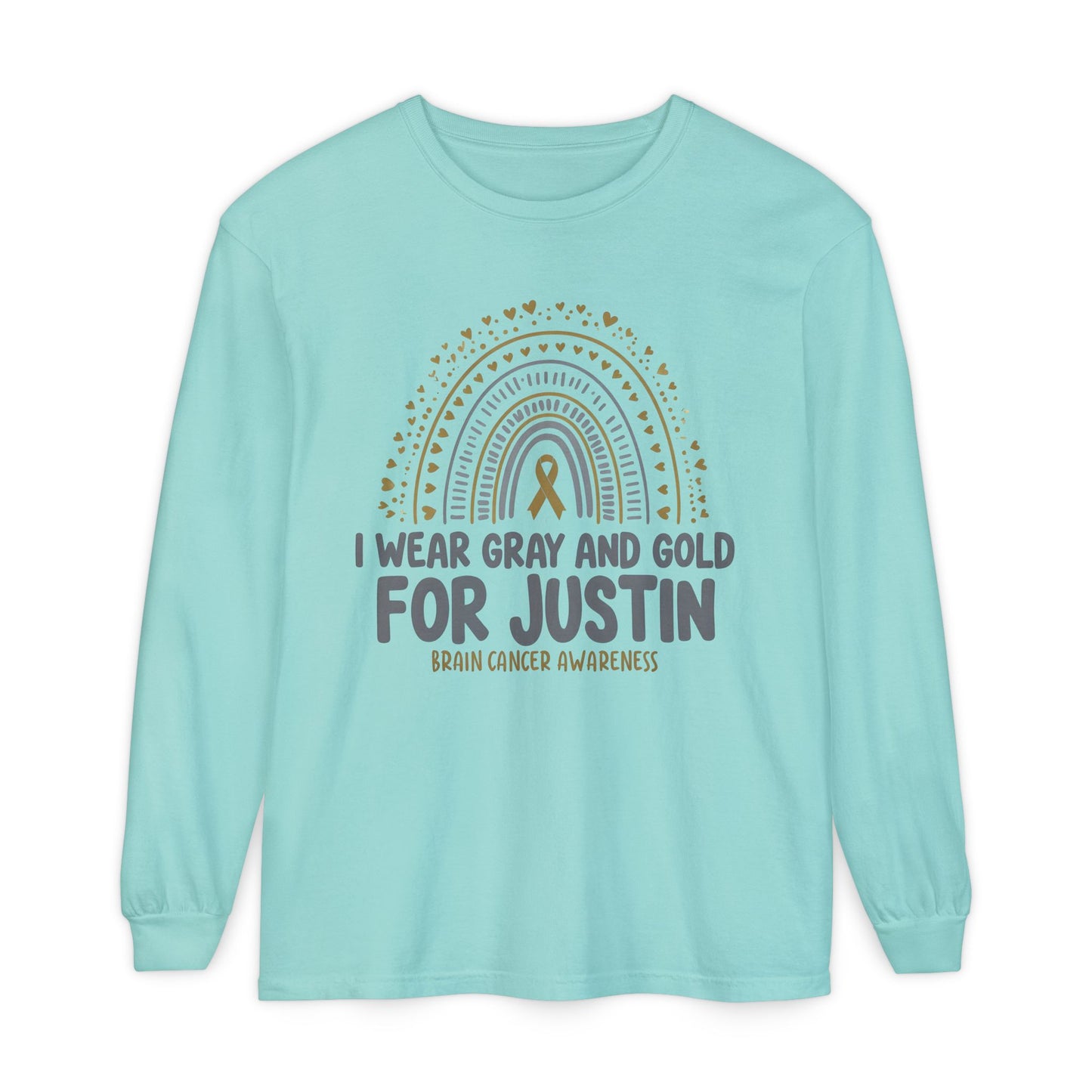 JUSTIN ADULT LONG SLEEVE- Brain Cancer Awareness Long Sleeve T-Shirt - I Wear Gray and Gold for Justin