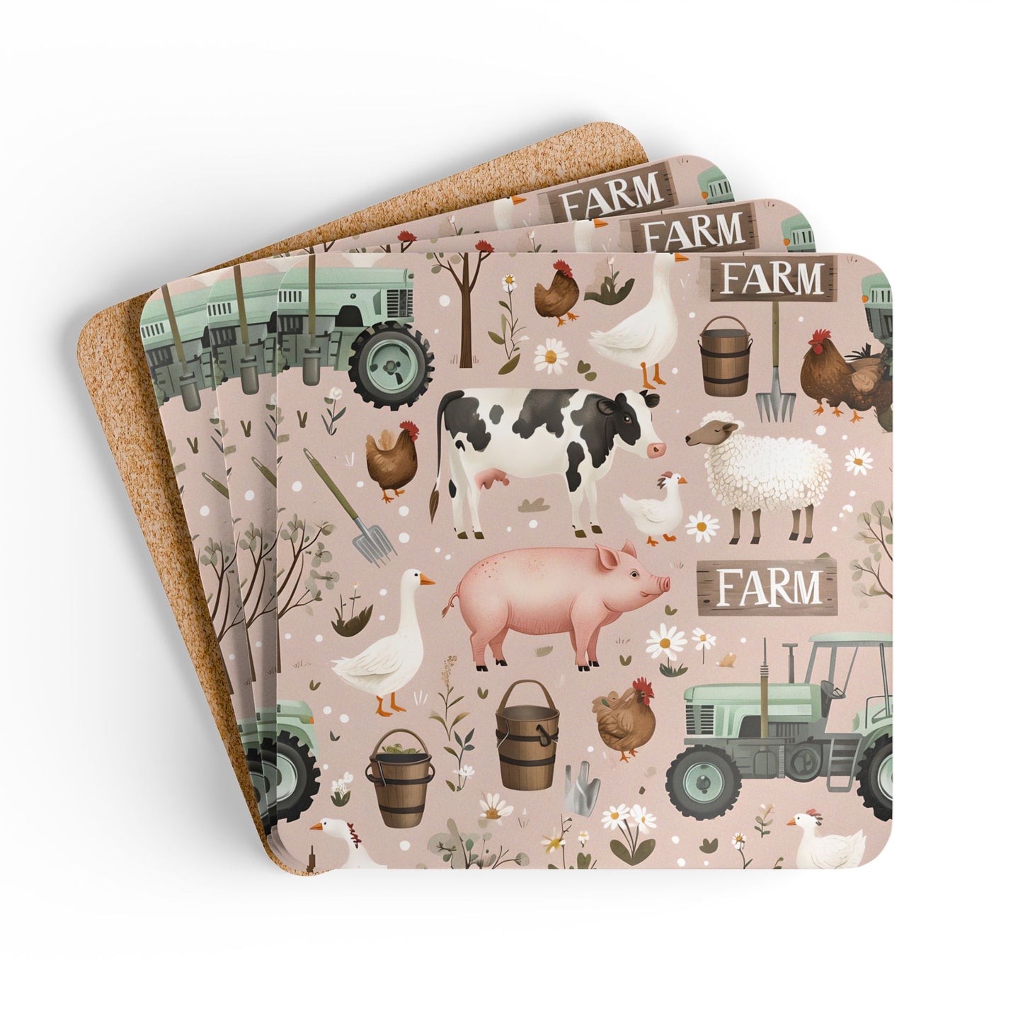 Farm-Themed Cork Coaster Set - Rustic Kitchen Decor