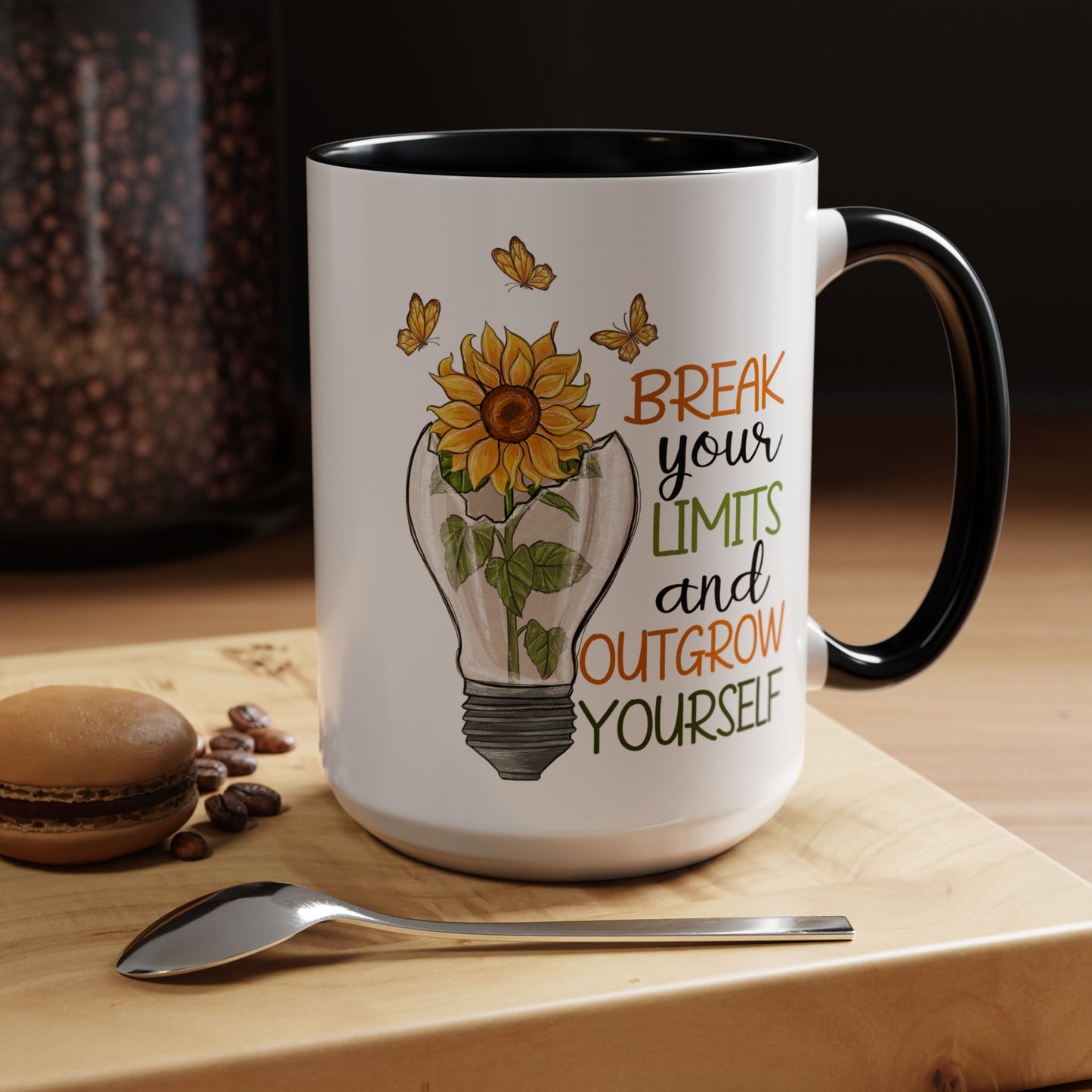 Inspirational Sunflower Coffee Mug - Break Your Limits & Outgrow Yourself - 15oz