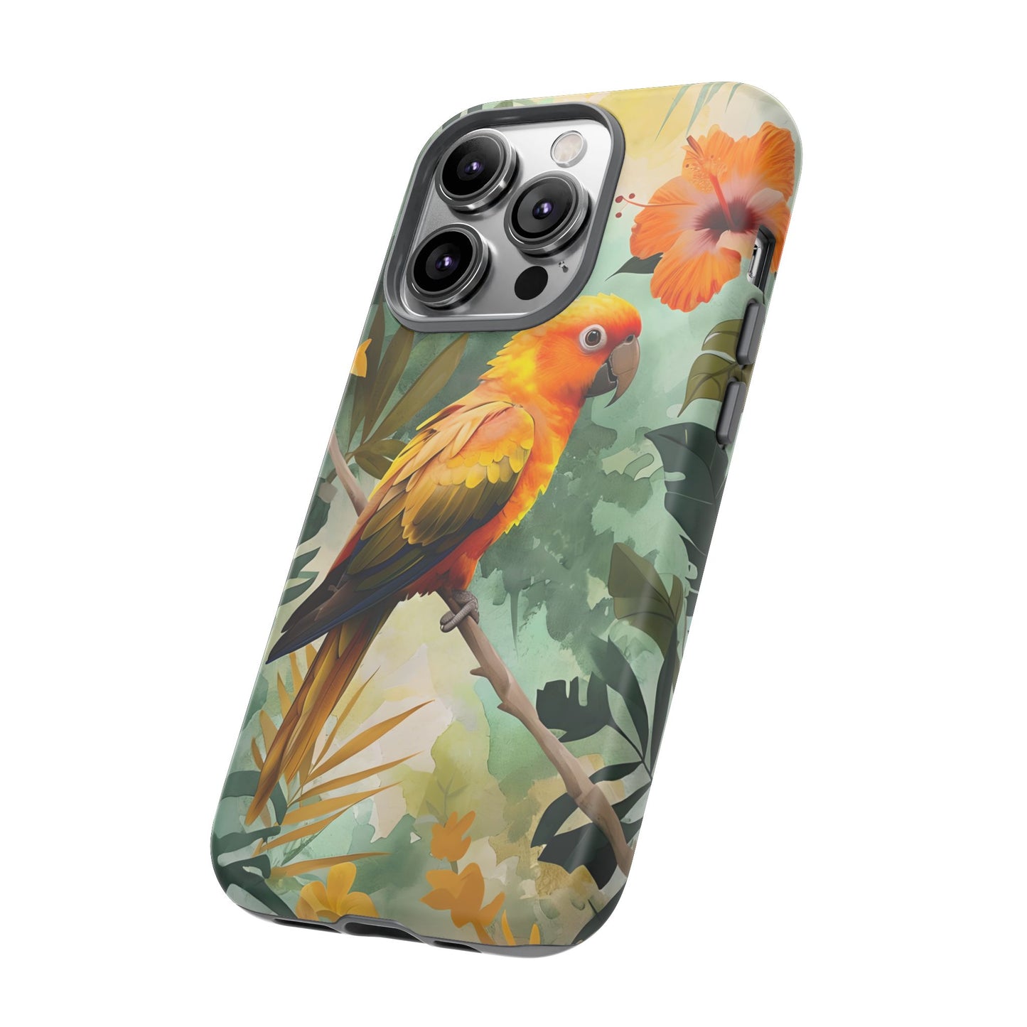 Tough Cases - Sun Conure Tropical Parrot Phone Case, Vibrant Floral Design, Durable Protection for Nature Lovers