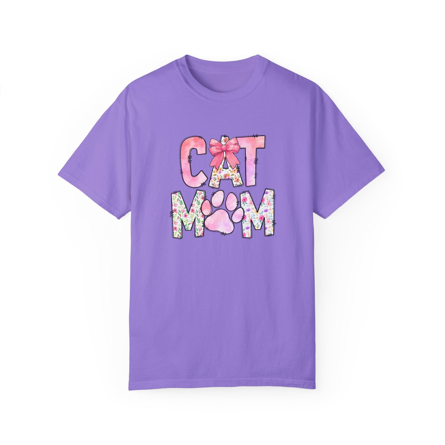 Cat Mom Garment-Dyed T-Shirt | Cute Floral Design for Cat Lovers
