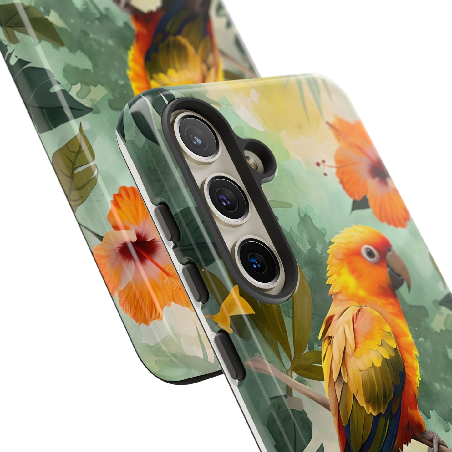 Tough Cases - Sun Conure Tropical Parrot Phone Case, Vibrant Floral Design, Durable Protection for Nature Lovers